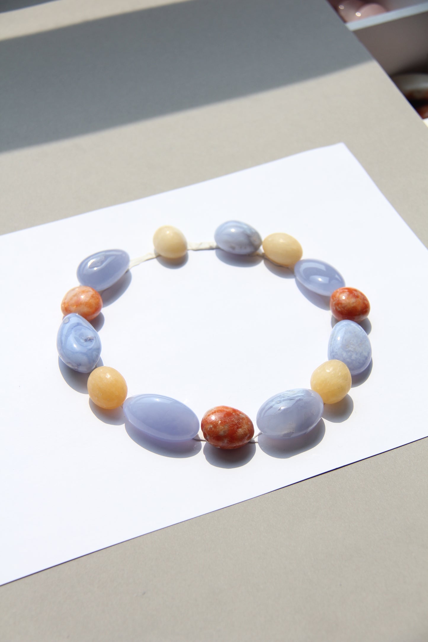 Necklace: blue lace agate, calcite, cream yellow onyx