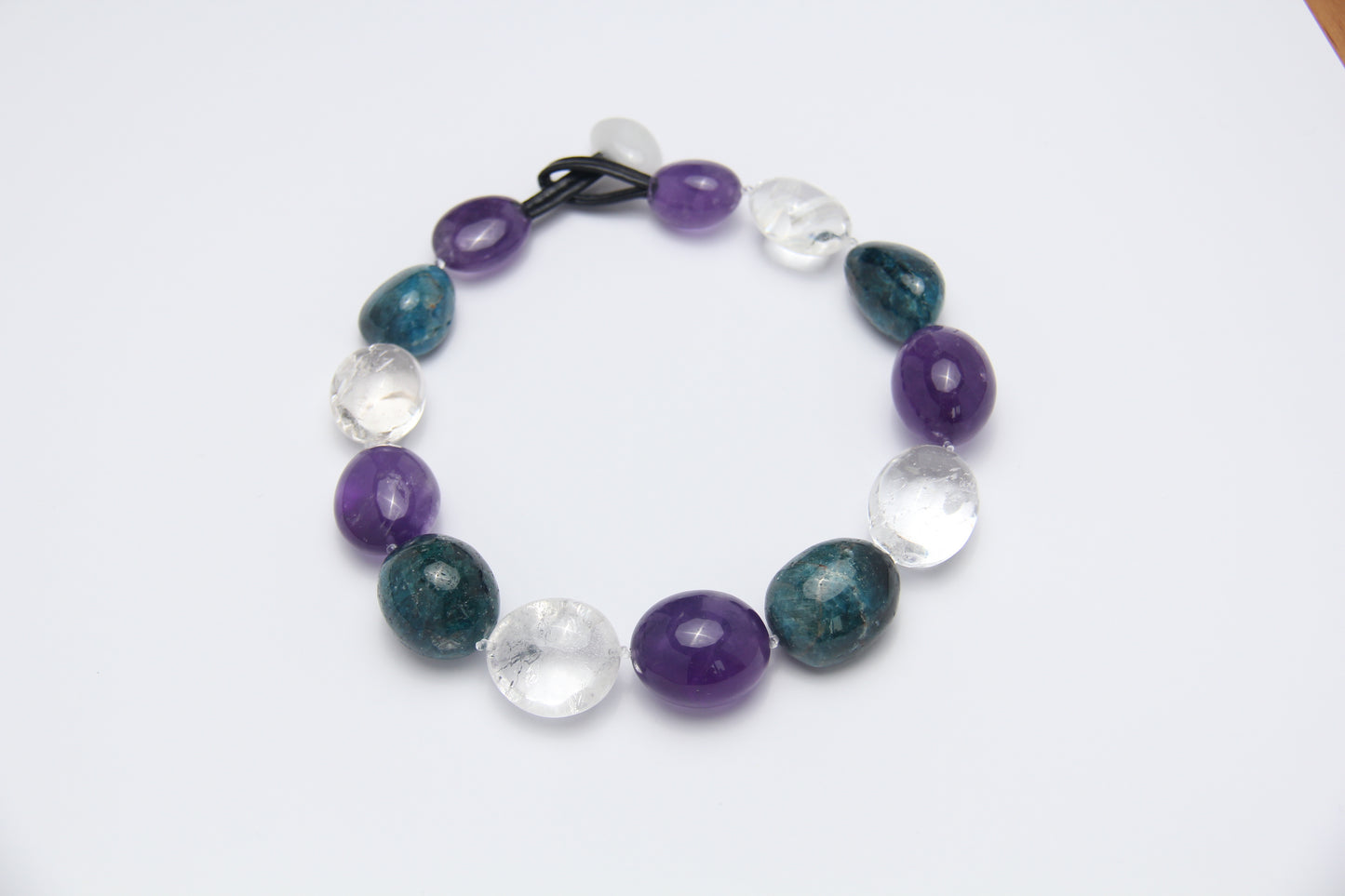 Necklace: amethyst, blue apatite, white crystal