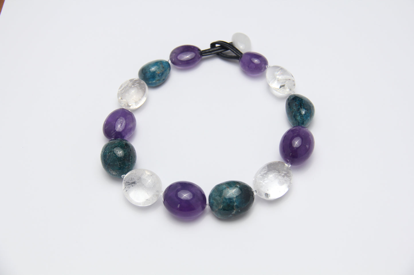 Necklace: amethyst, blue apatite, white crystal