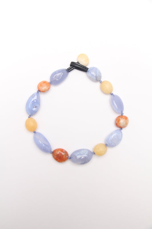 Necklace: blue lace agate, calcite, cream yellow onyx