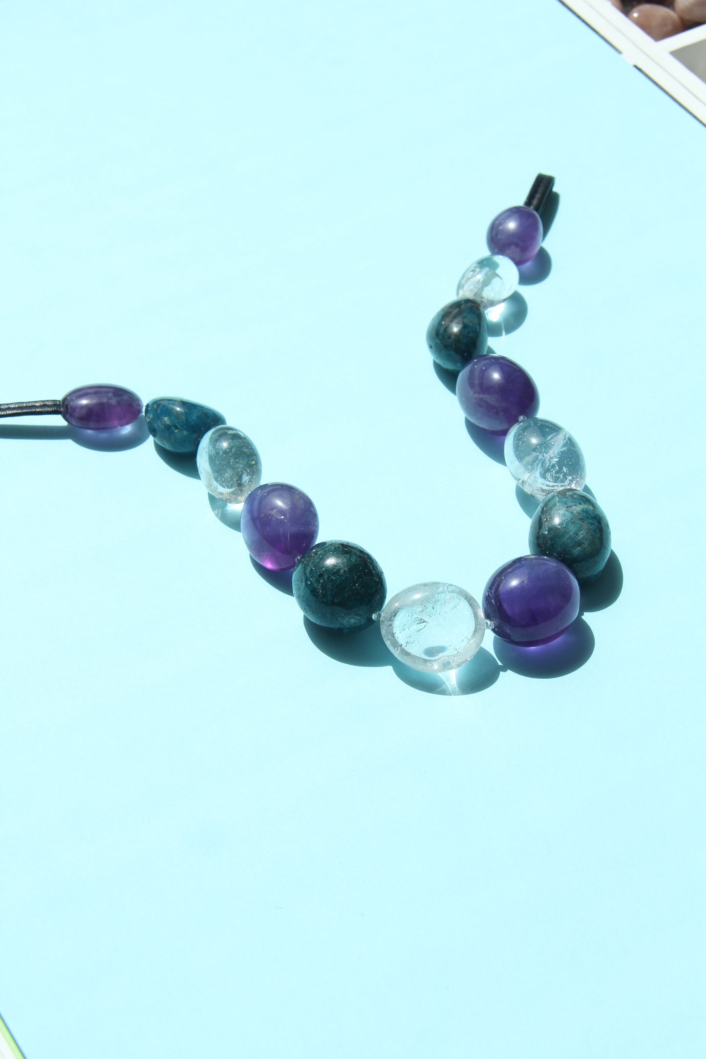 Necklace: amethyst, blue apatite, white crystal