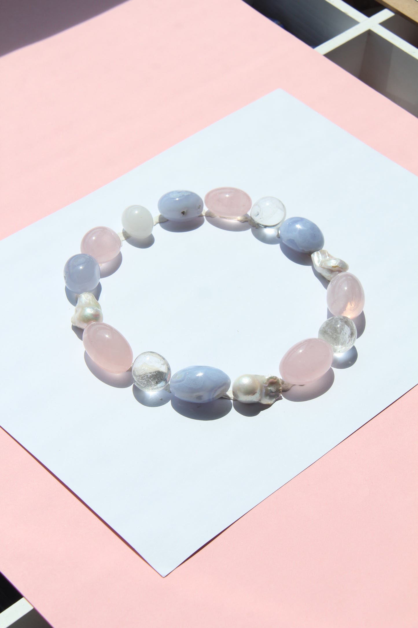 Necklace: baroque pearls, rose quartz, blue lace agate