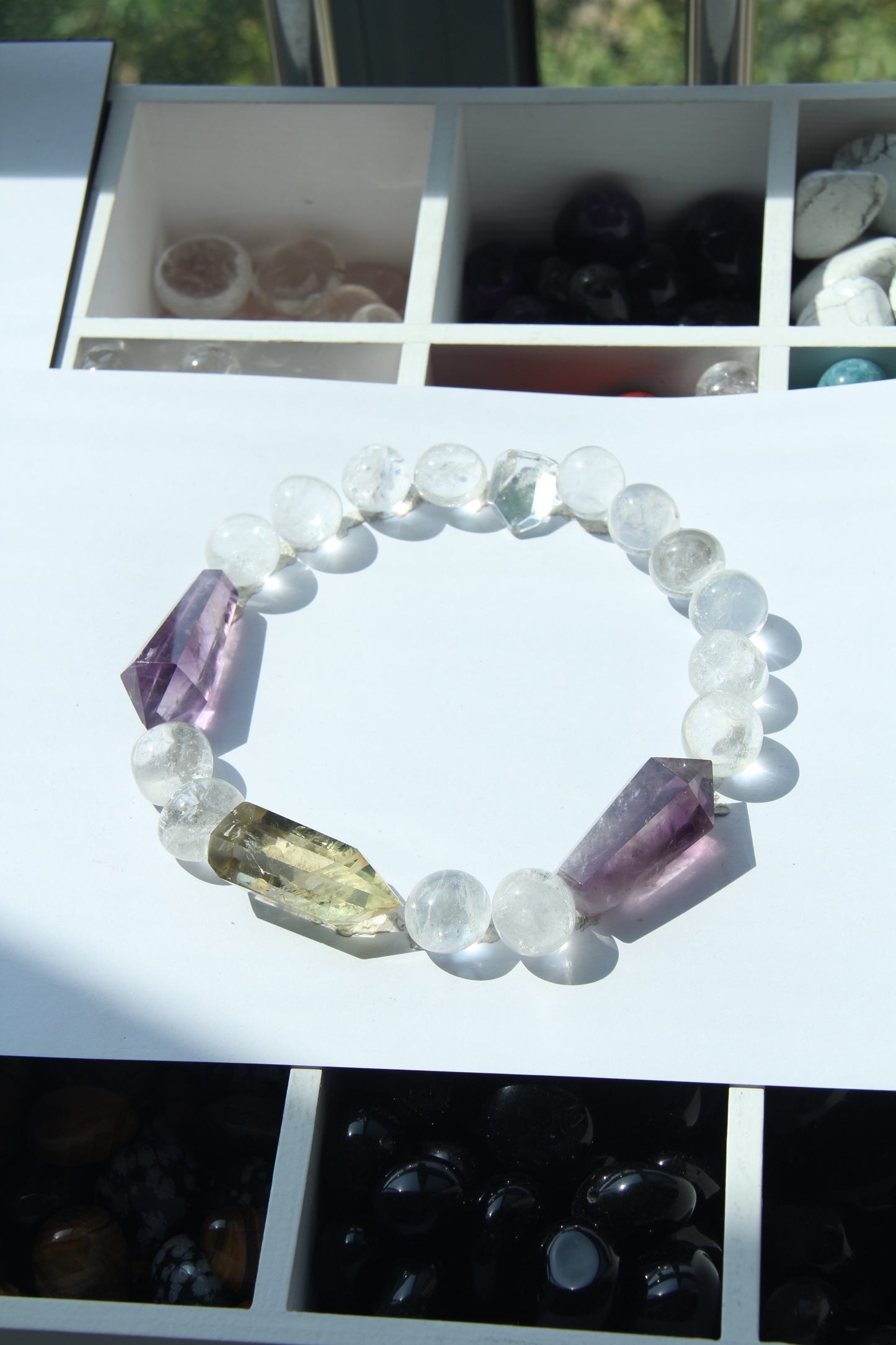 Necklace: amethyst, citrine, white crystal