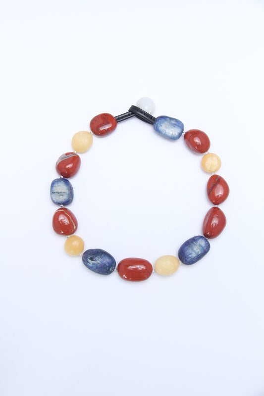 Necklace: kyanite, red jasper stone, cream yellow onyx