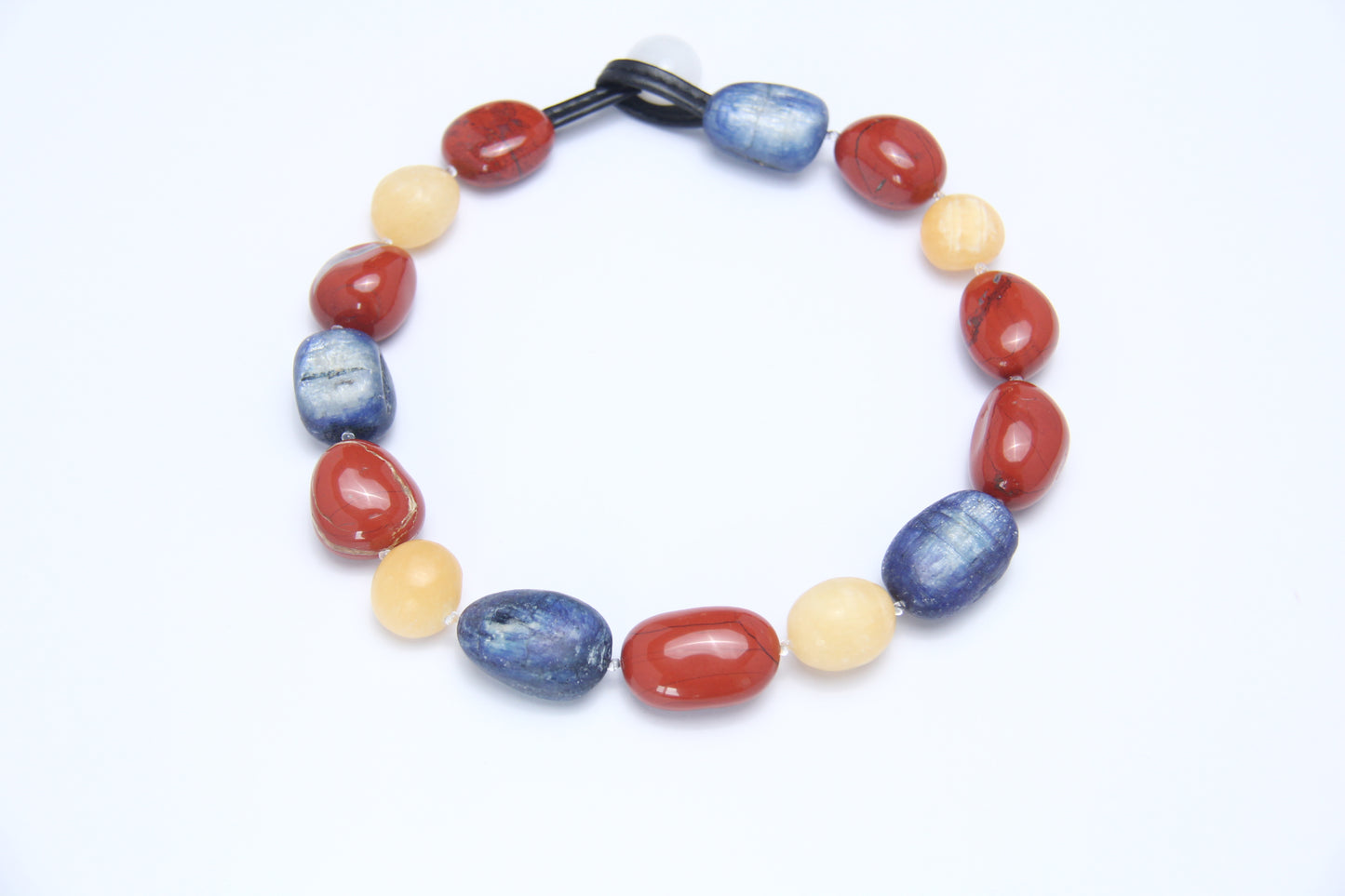 Necklace: kyanite, red jasper stone, cream yellow onyx