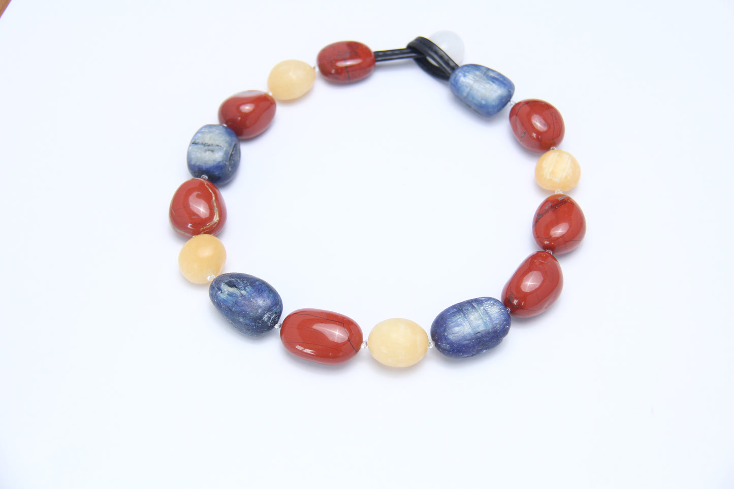 Necklace: kyanite, red jasper stone, cream yellow onyx