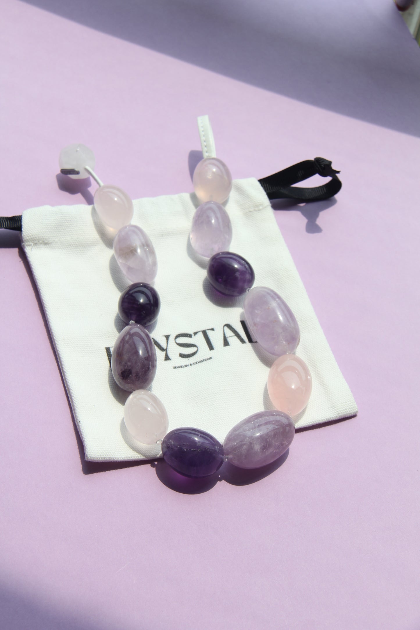 Necklace: rose quartz, amethyst