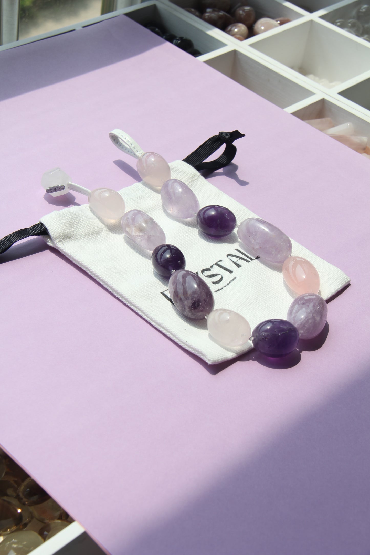 Necklace: rose quartz, amethyst