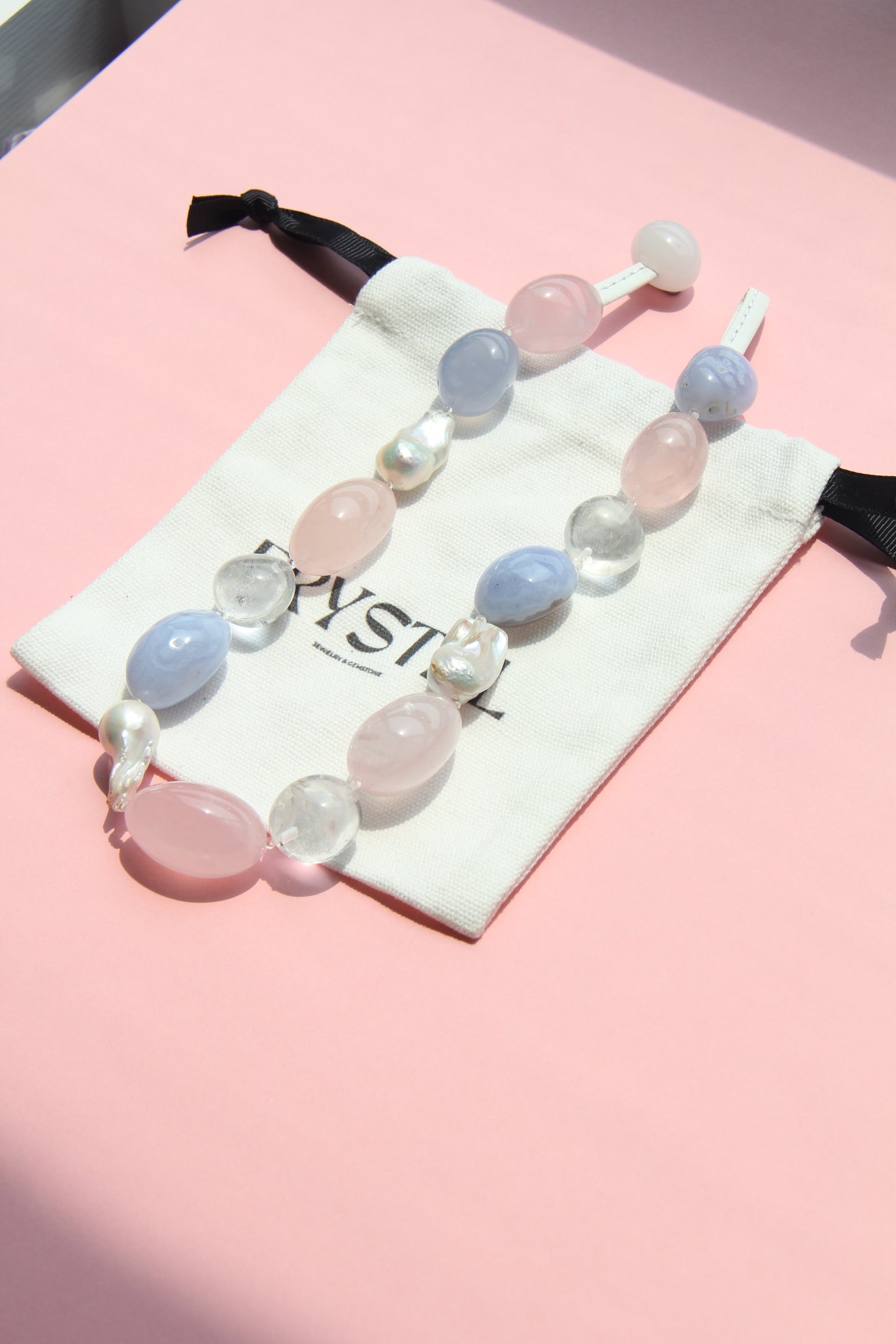 Necklace: baroque pearls, rose quartz, blue lace agate