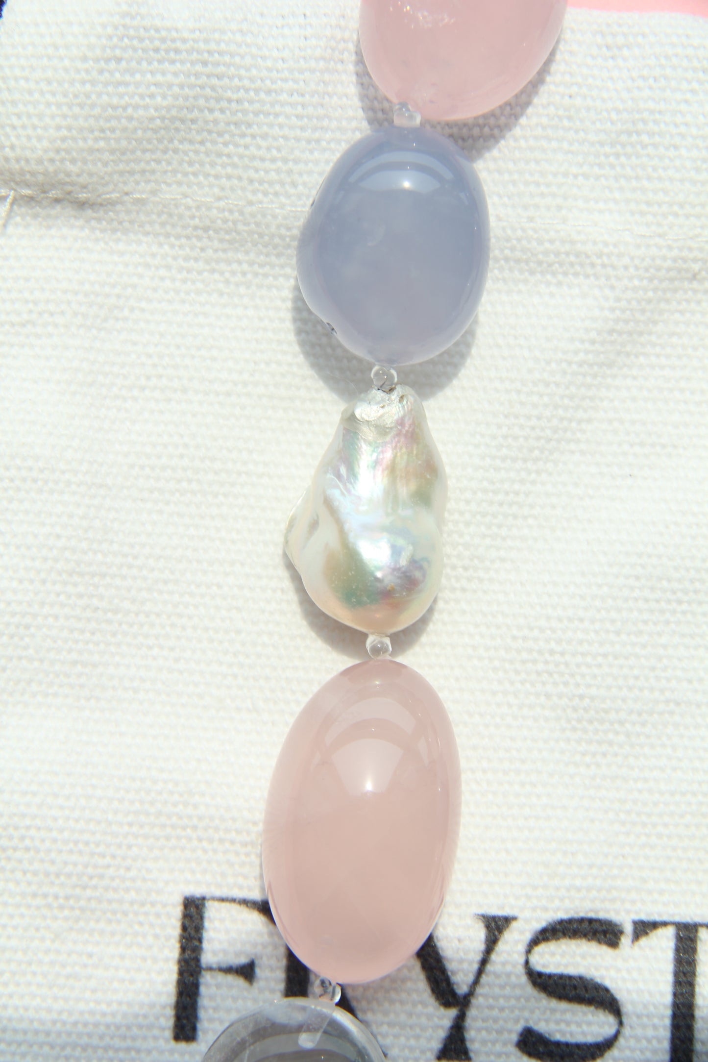 Necklace: baroque pearls, rose quartz, blue lace agate