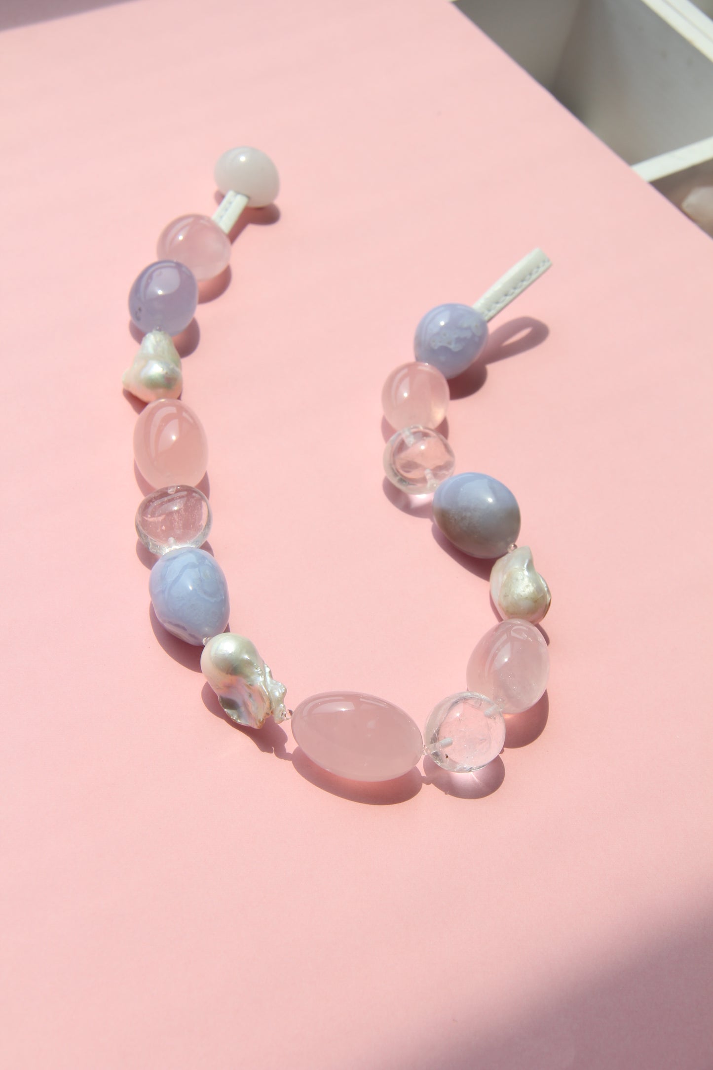 Necklace: baroque pearls, rose quartz, blue lace agate