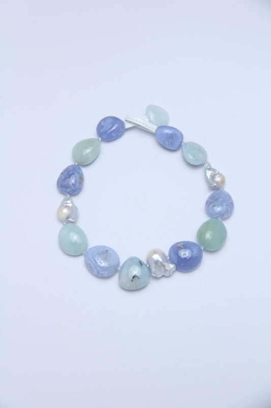 Necklace: baroque pearls, morganite, blue lace agate