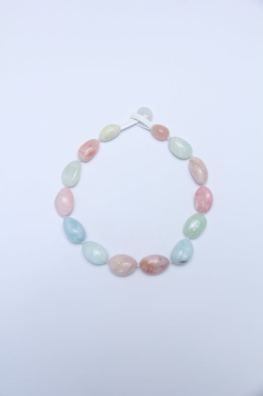 Necklace: morganite, pink opal, prehnite