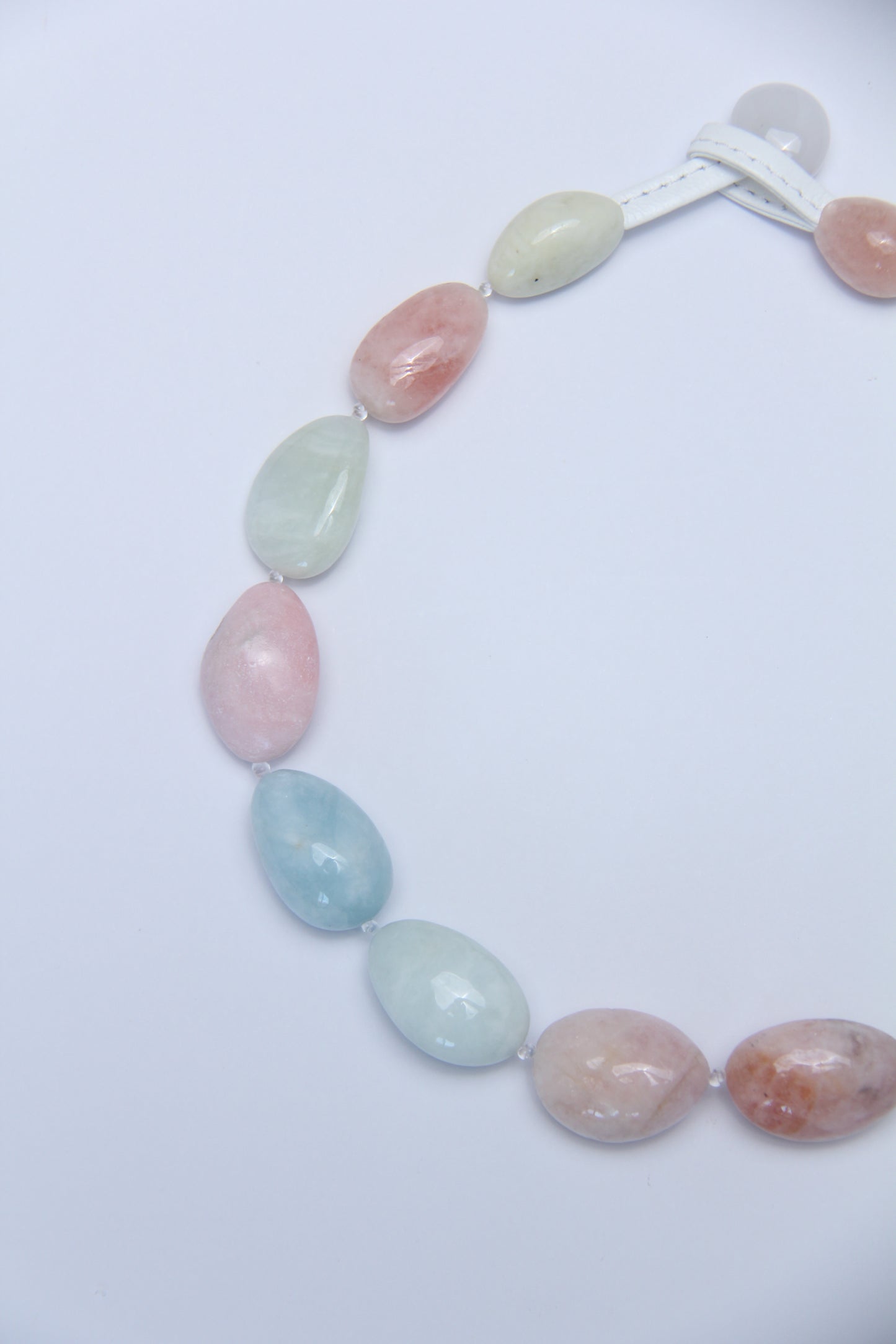 Necklace: morganite, pink opal, prehnite