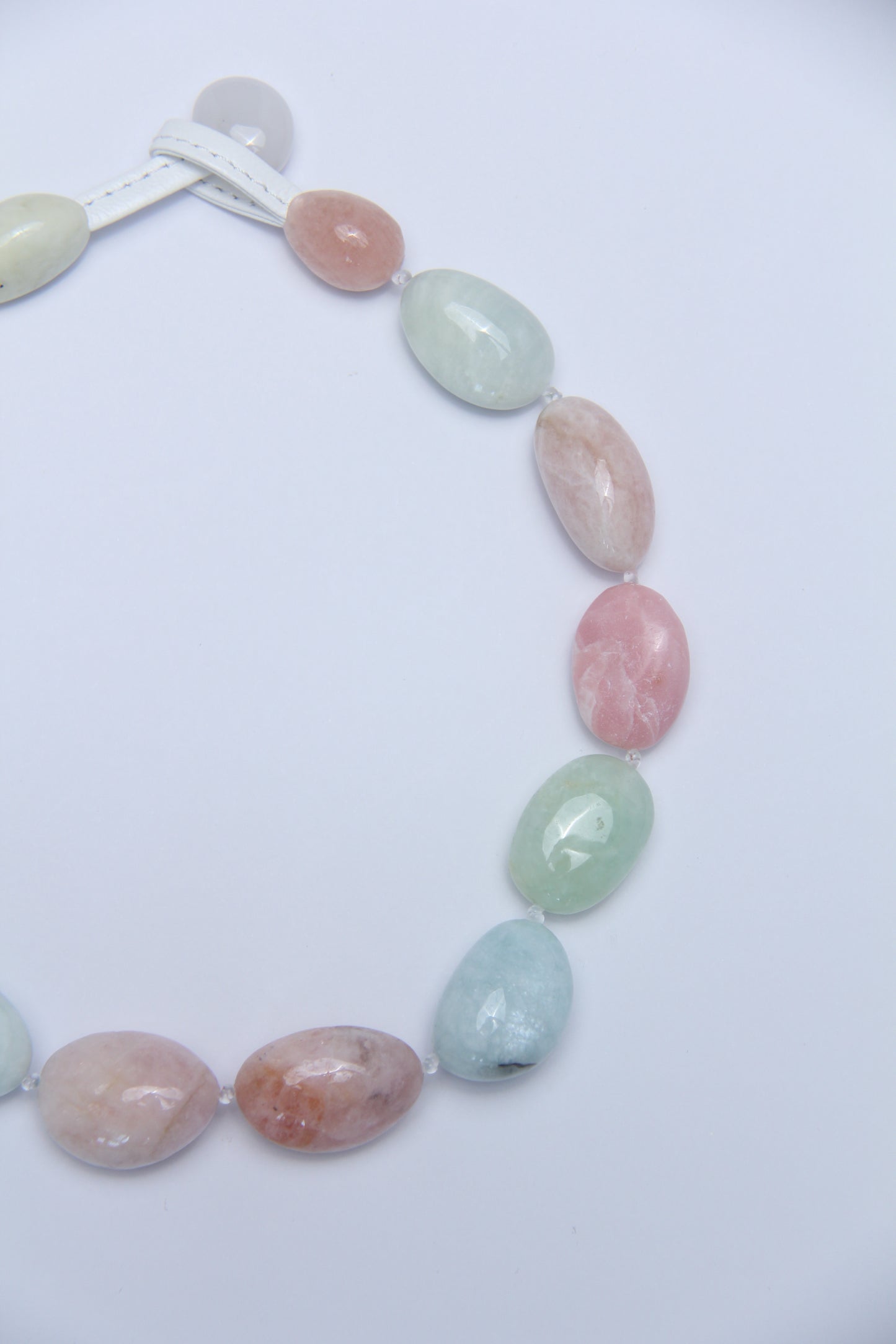 Necklace: morganite, pink opal, prehnite