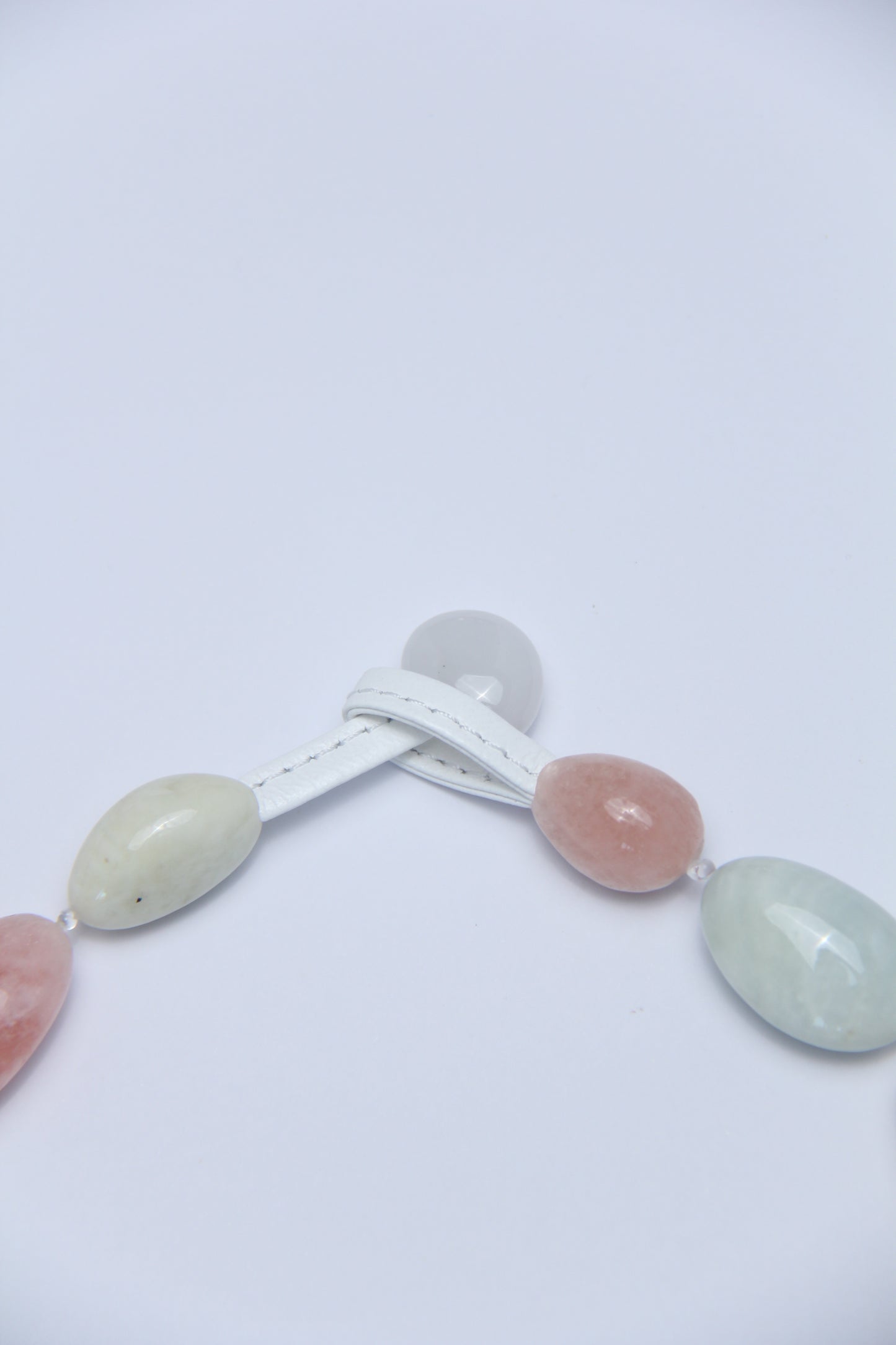 Necklace: morganite, pink opal, prehnite