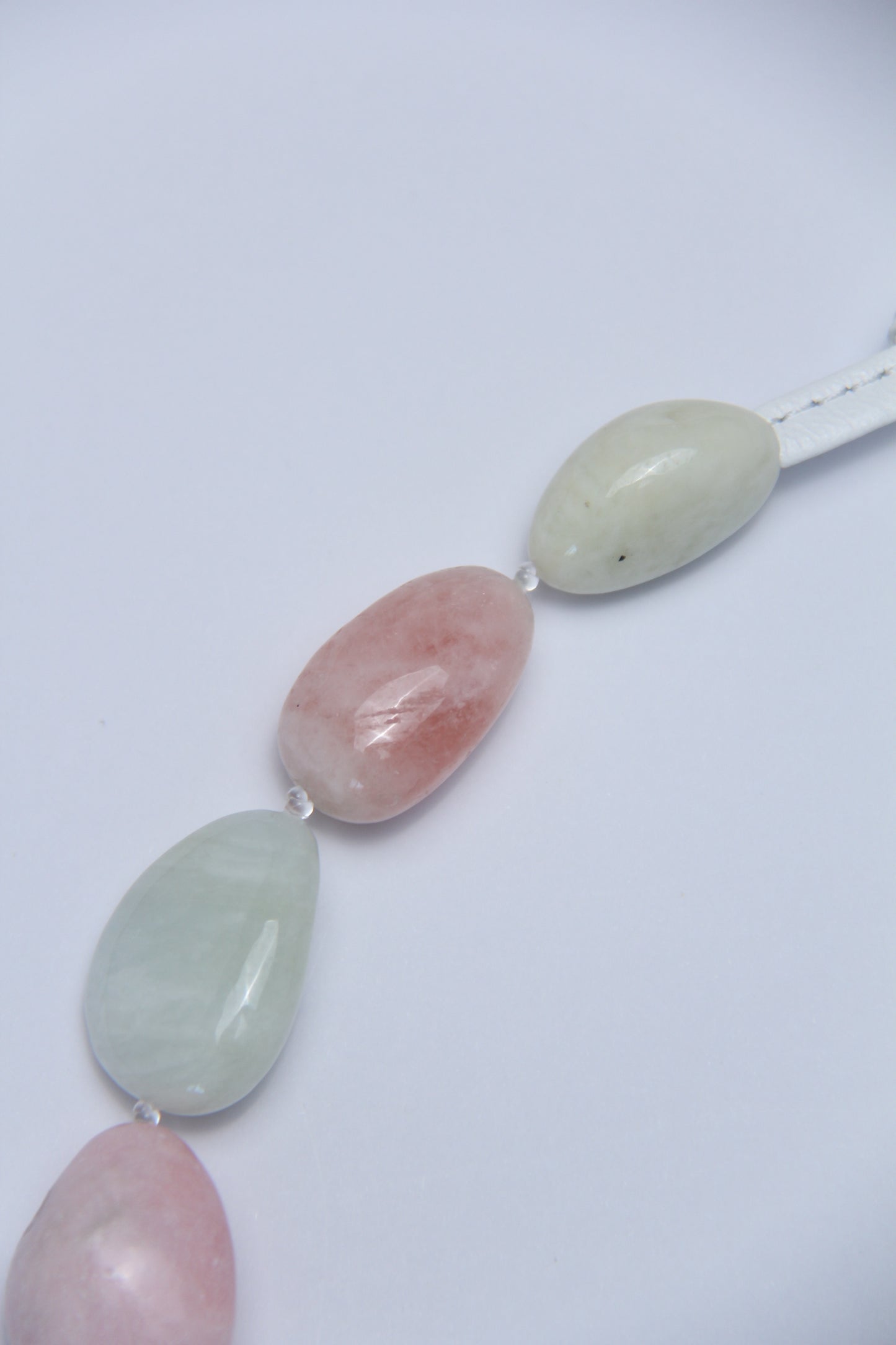 Necklace: morganite, pink opal, prehnite