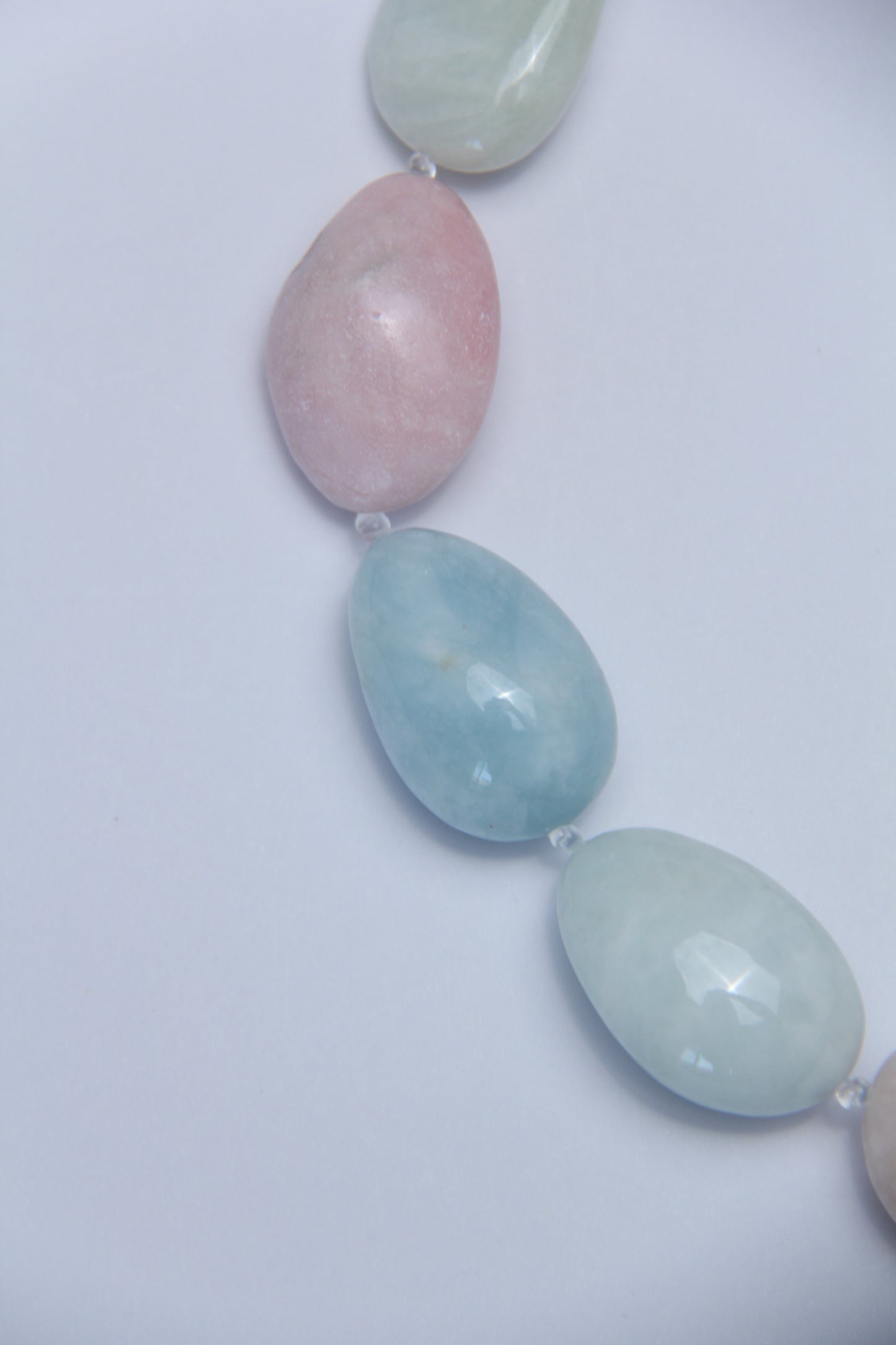 Necklace: morganite, pink opal, prehnite