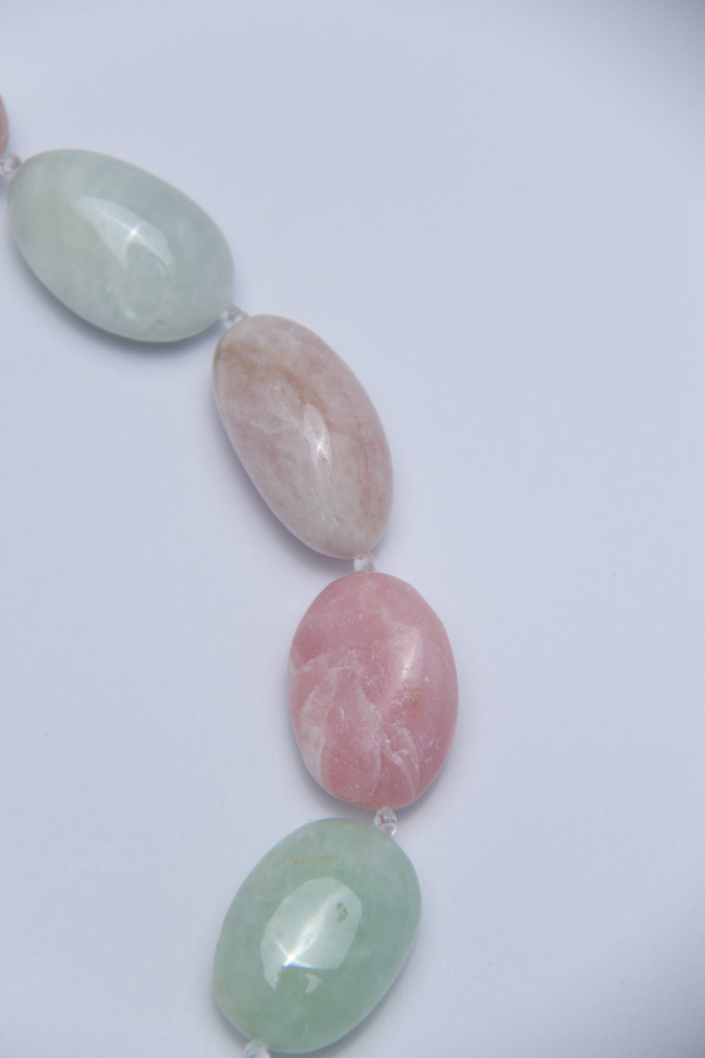 Necklace: morganite, pink opal, prehnite