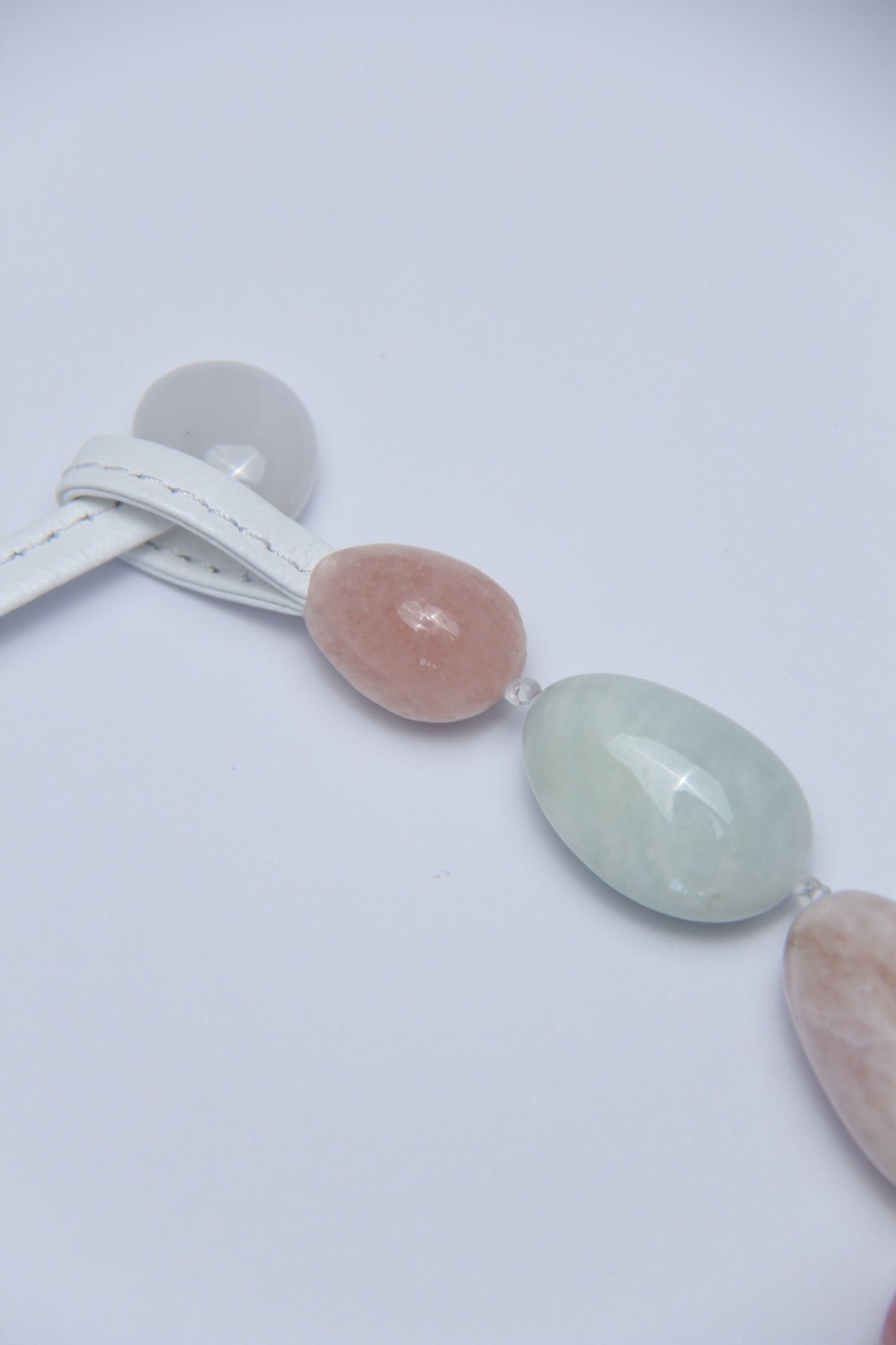 Necklace: morganite, pink opal, prehnite