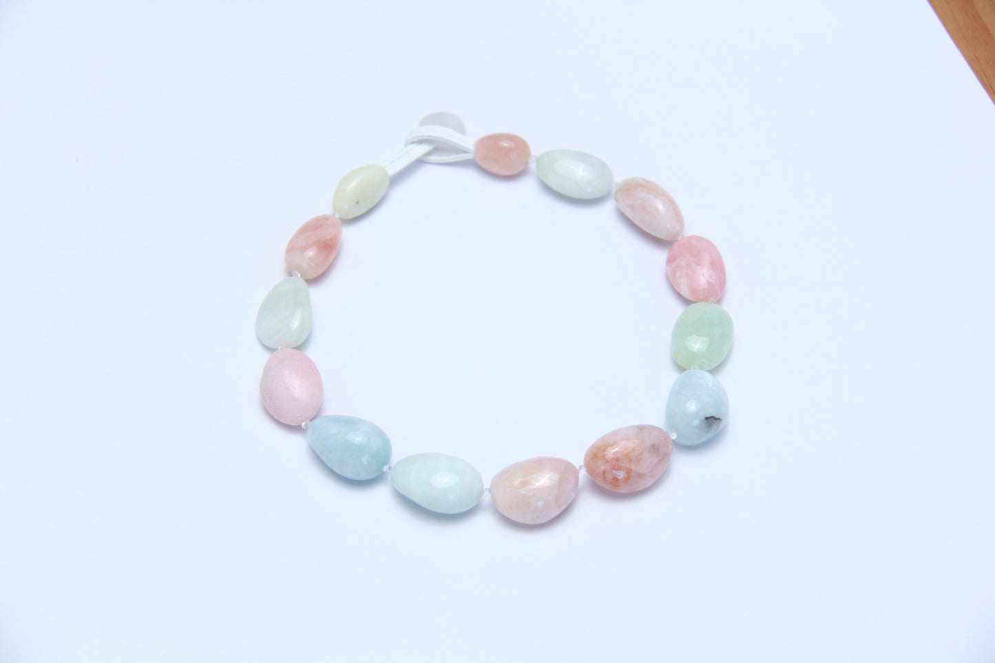 Necklace: morganite, pink opal, prehnite