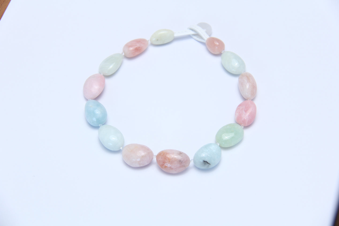 Necklace: morganite, pink opal, prehnite