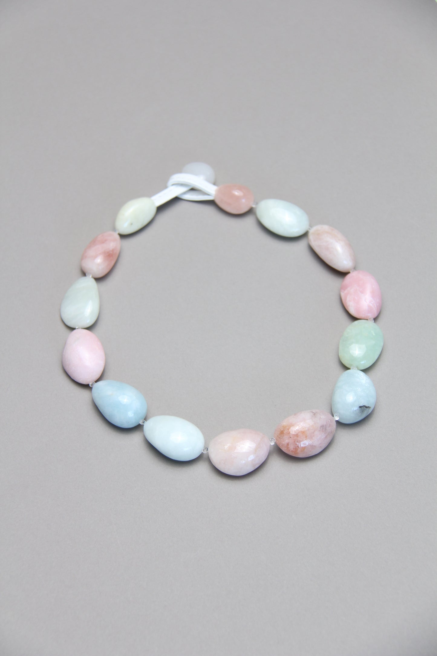 Necklace: morganite, pink opal, prehnite