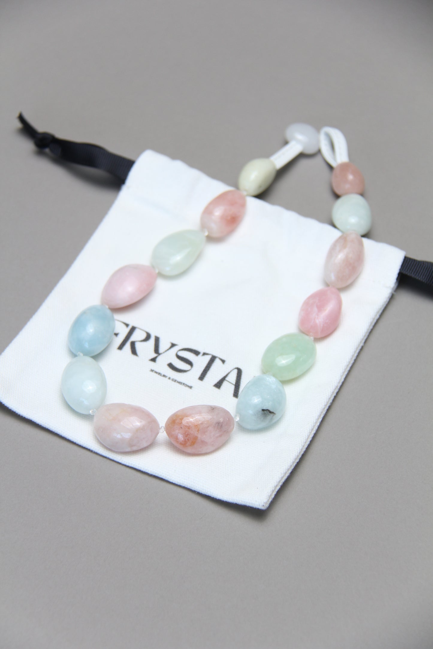 Necklace: morganite, pink opal, prehnite