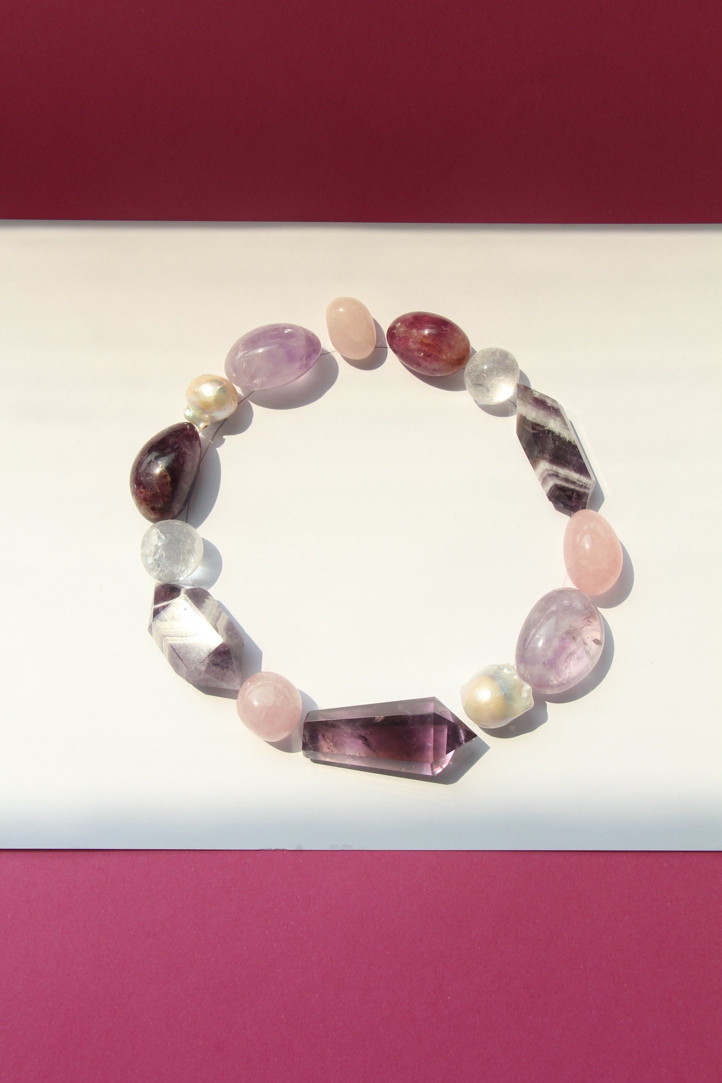 Necklace: amethyst, dream amethyst, pearls, fluorite, rose quartz, white crystal