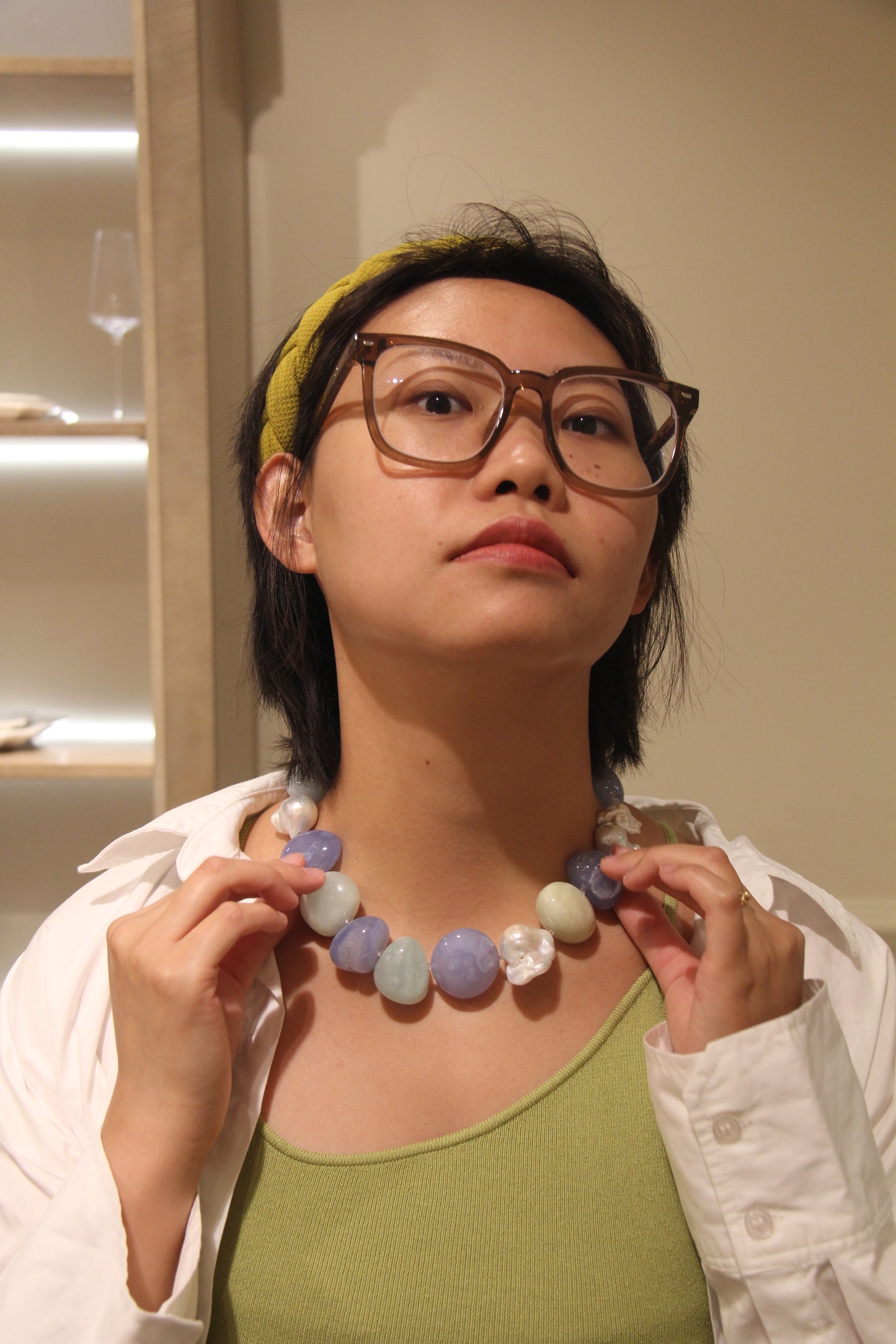 Necklace: morganite, blue lace agate, pearls