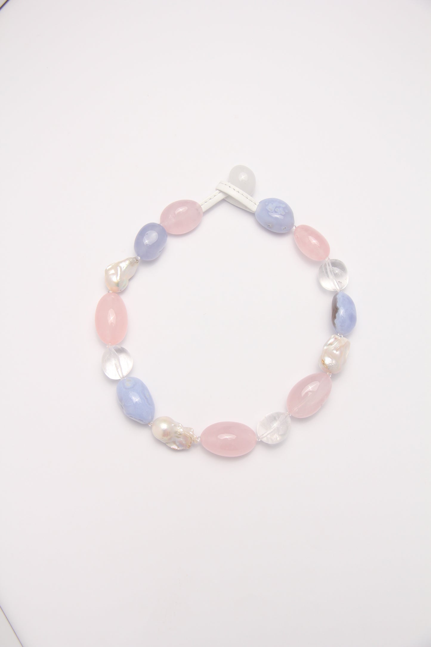 Necklace: baroque pearls, rose quartz, blue lace agate