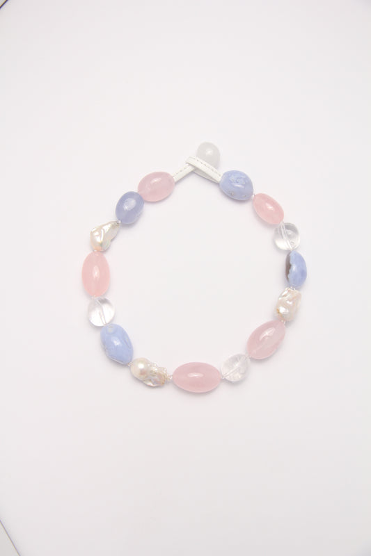 Necklace: baroque pearls, rose quartz, blue lace agate