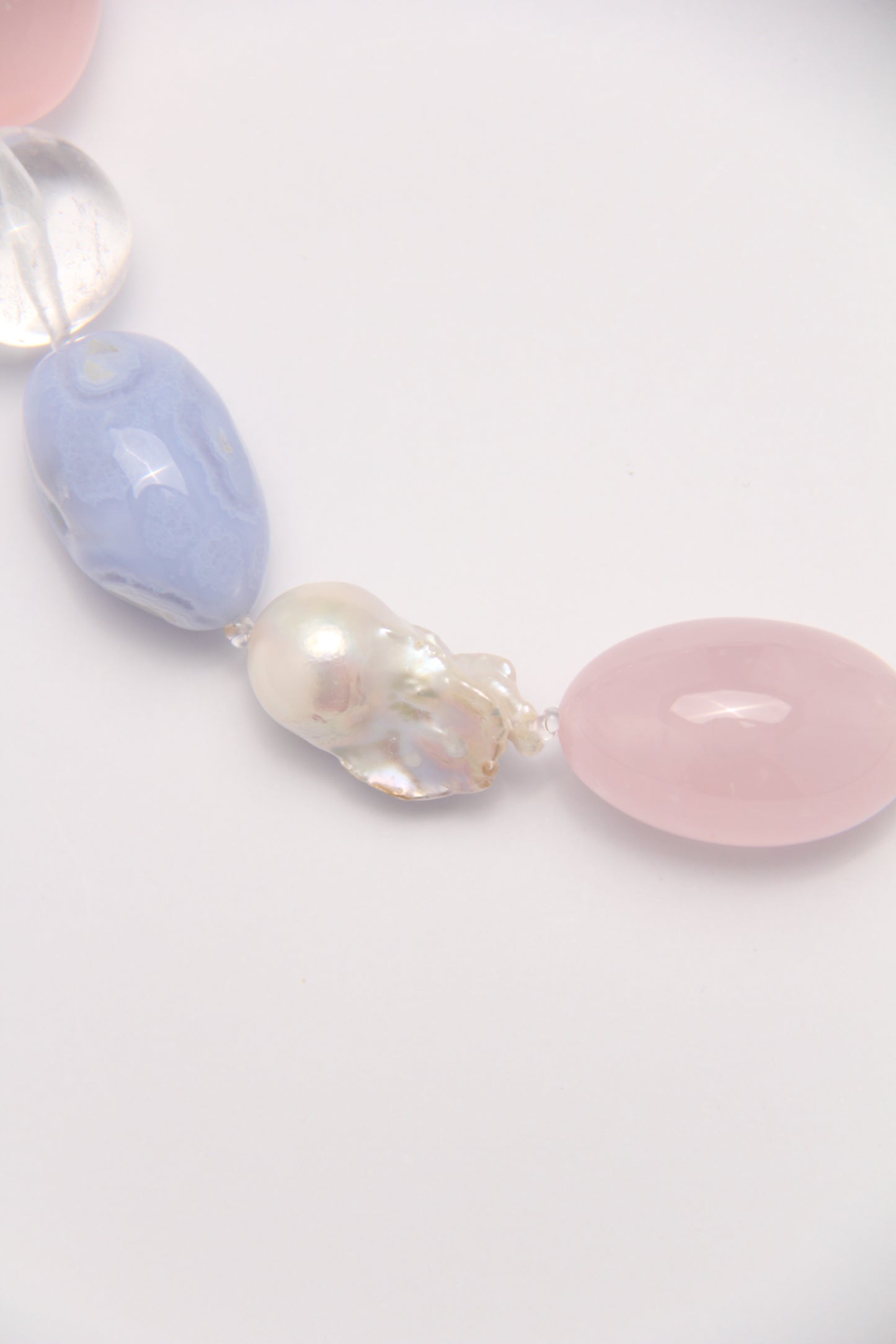 Necklace: baroque pearls, rose quartz, blue lace agate