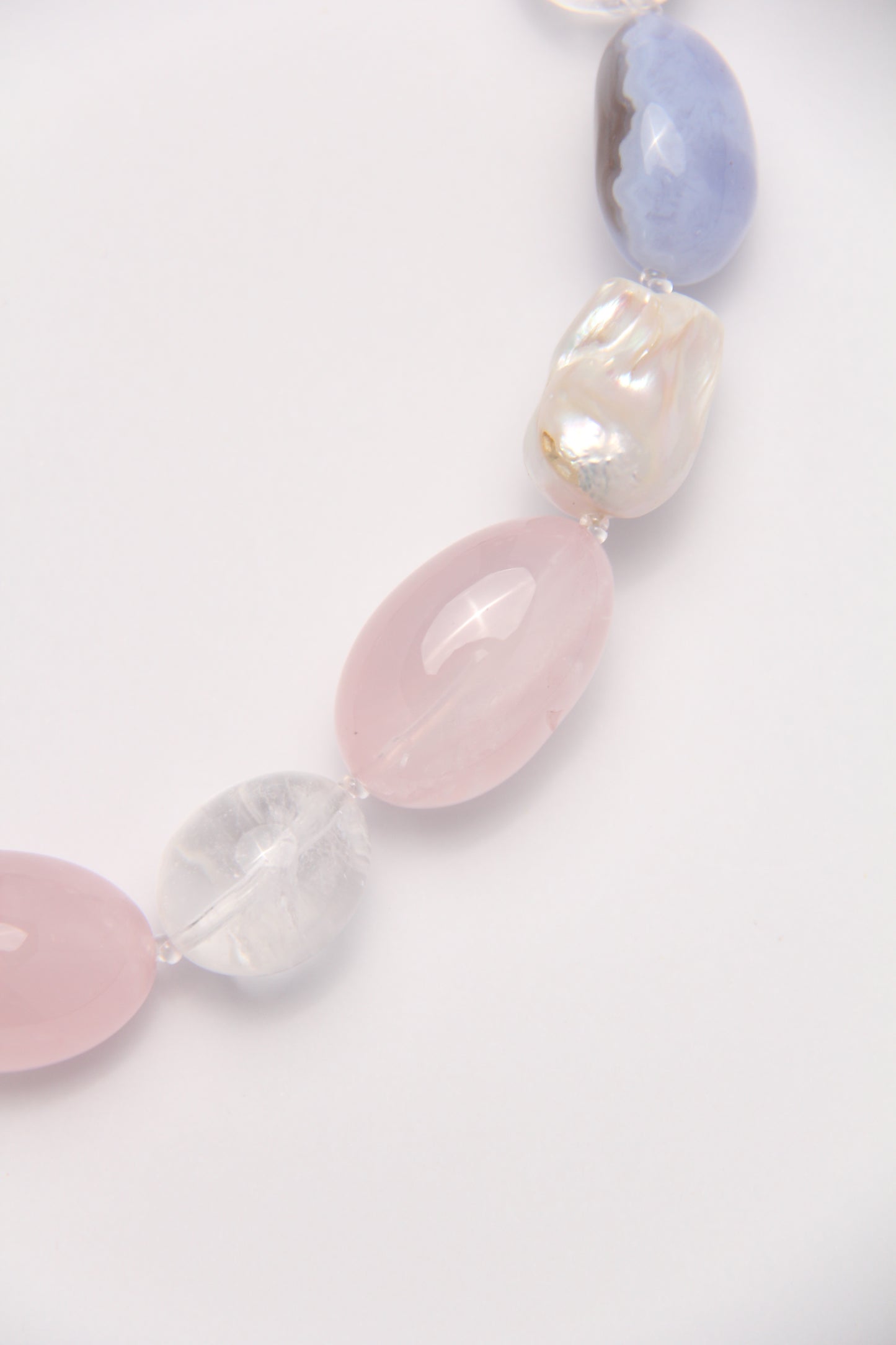 Necklace: baroque pearls, rose quartz, blue lace agate