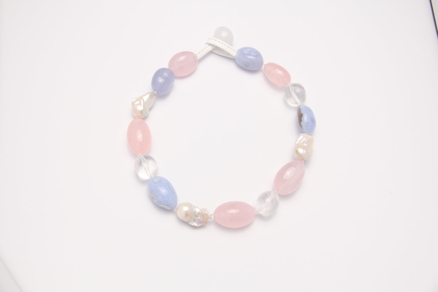 Necklace: baroque pearls, rose quartz, blue lace agate