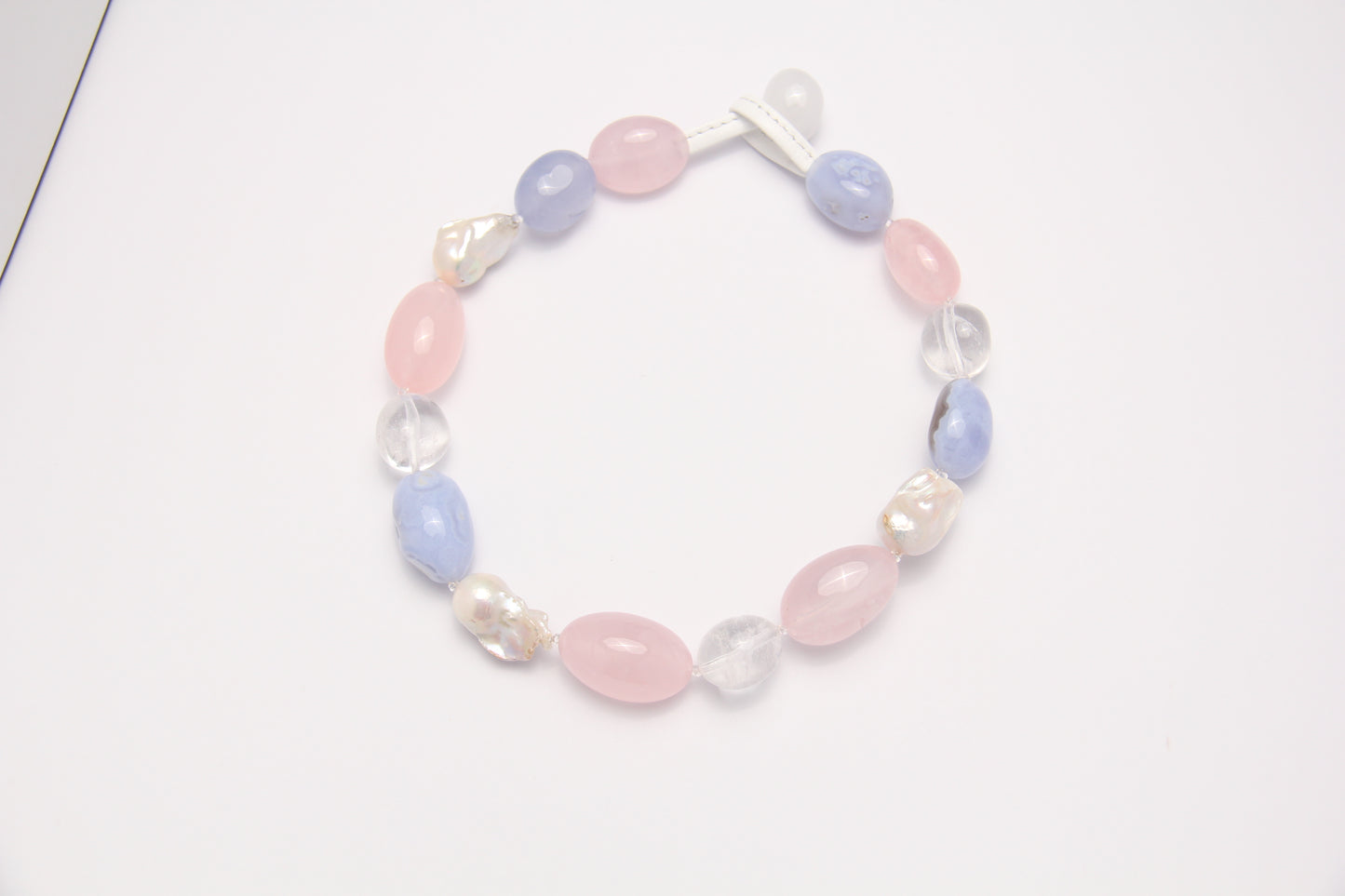 Necklace: baroque pearls, rose quartz, blue lace agate