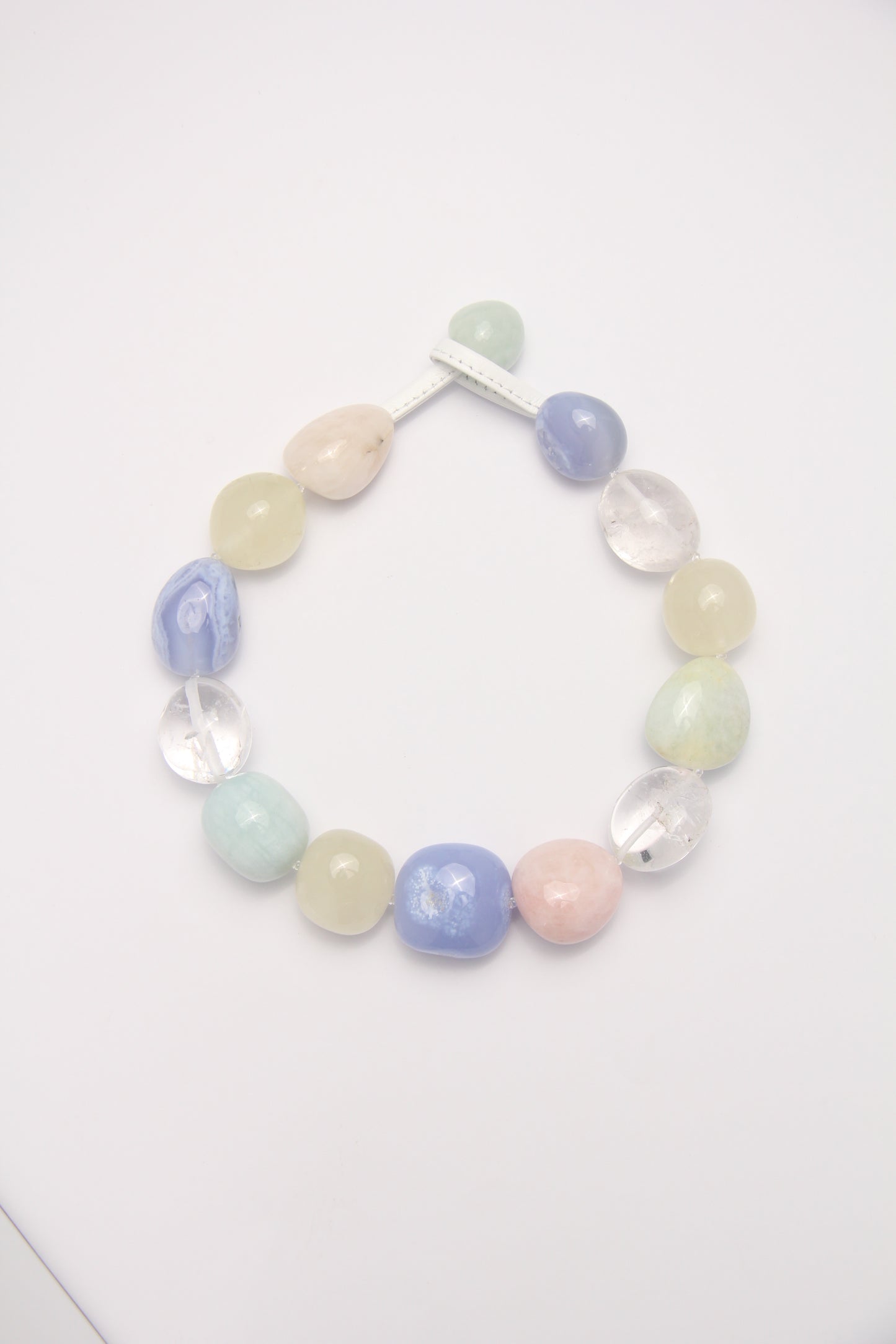 Necklace: morganite, blue lace agate, citrine, white crystal