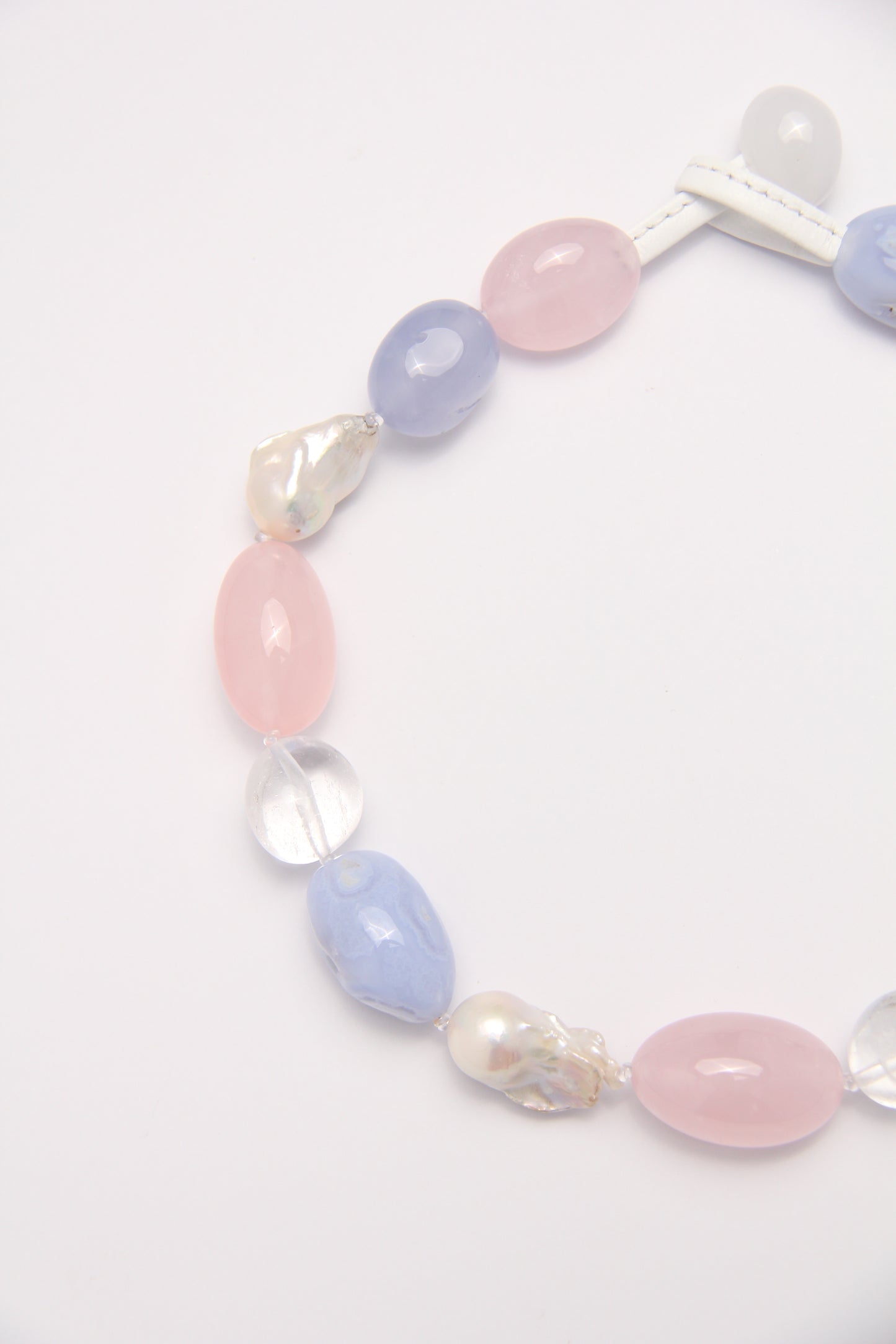 Necklace: baroque pearls, rose quartz, blue lace agate