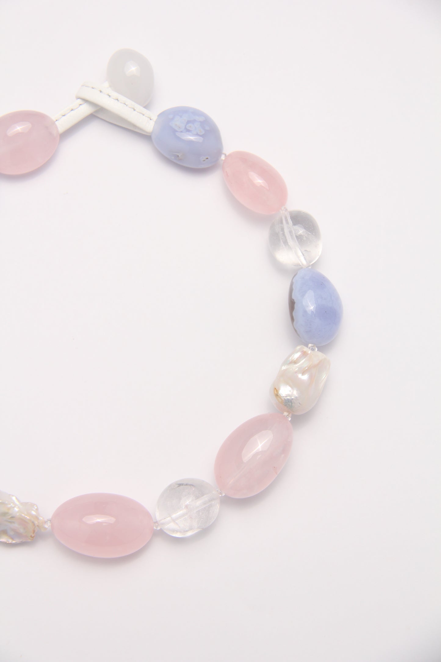 Necklace: baroque pearls, rose quartz, blue lace agate