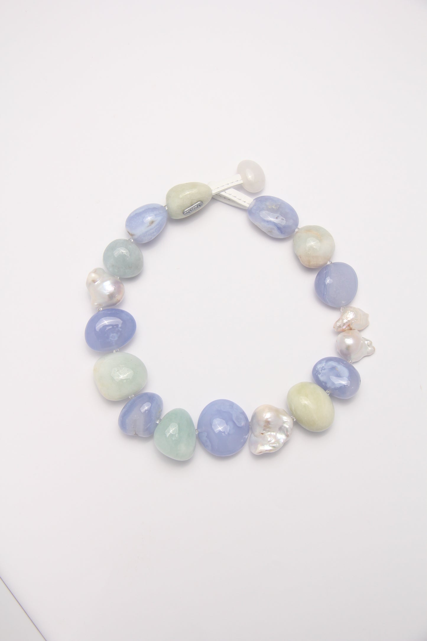 Necklace: morganite, blue lace agate, pearls