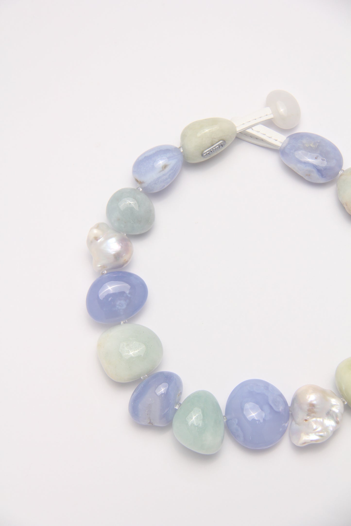 Necklace: morganite, blue lace agate, pearls