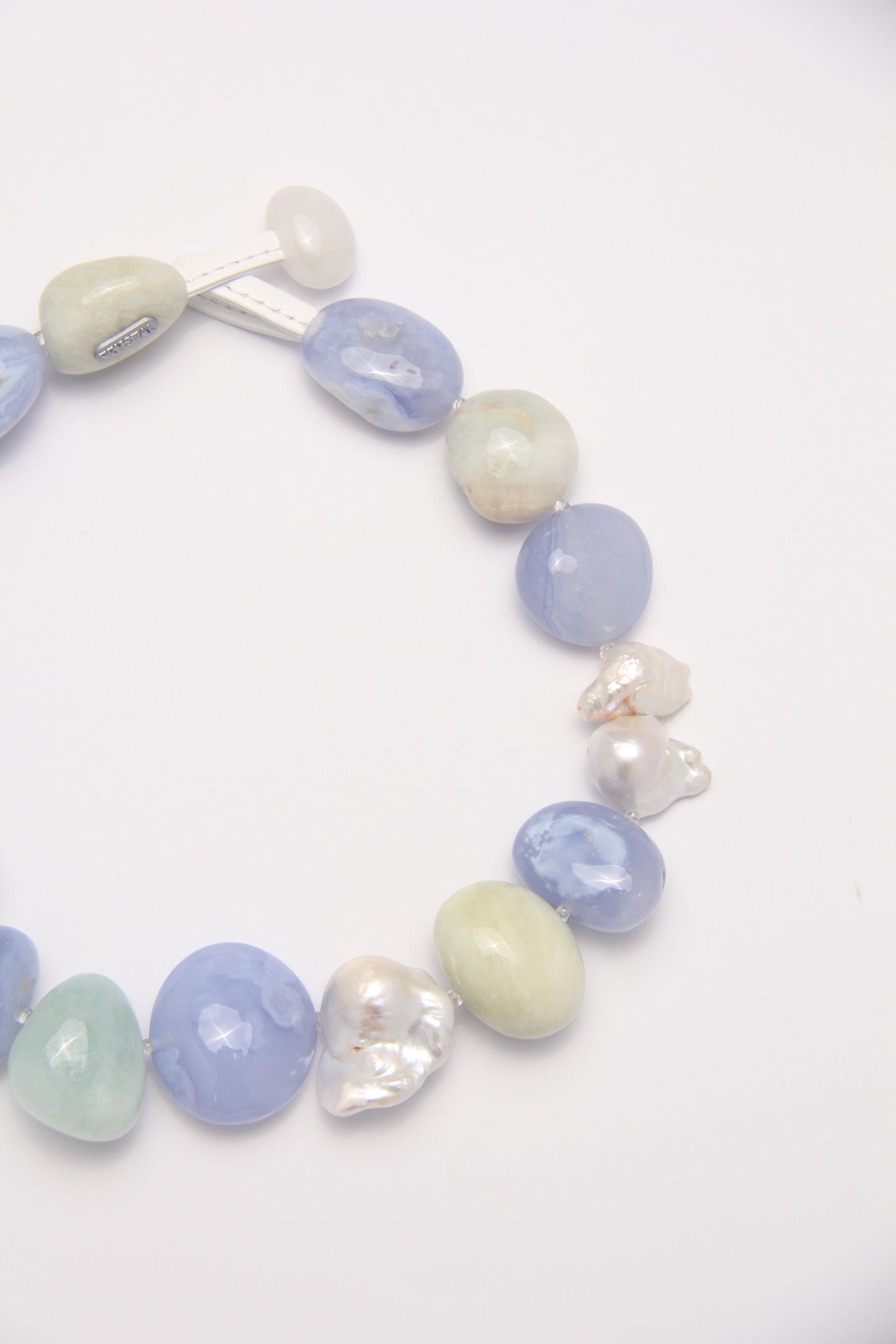 Necklace: morganite, blue lace agate, pearls