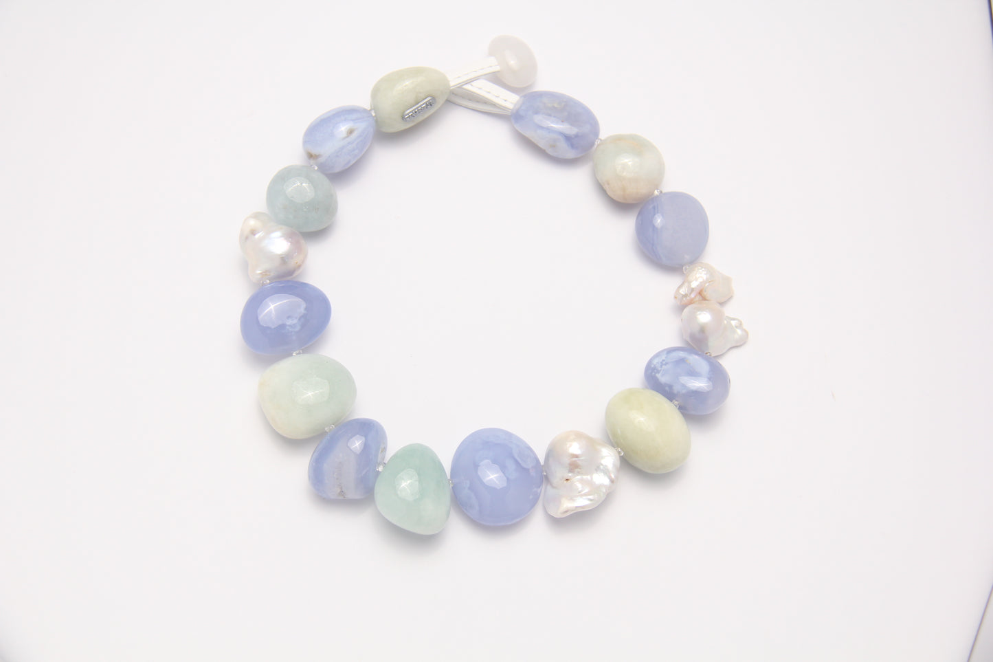 Necklace: morganite, blue lace agate, pearls