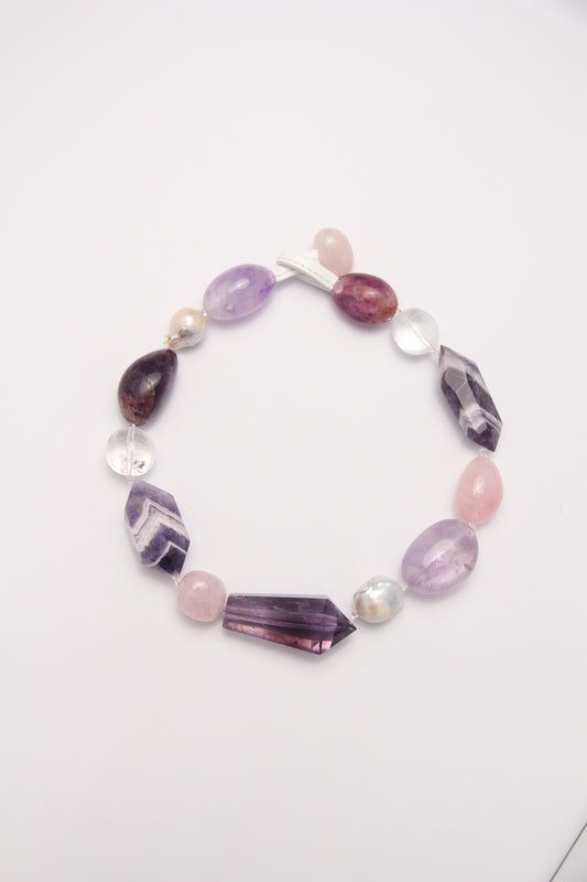 Necklace: amethyst, dream amethyst, pearls, fluorite, rose quartz, white crystal