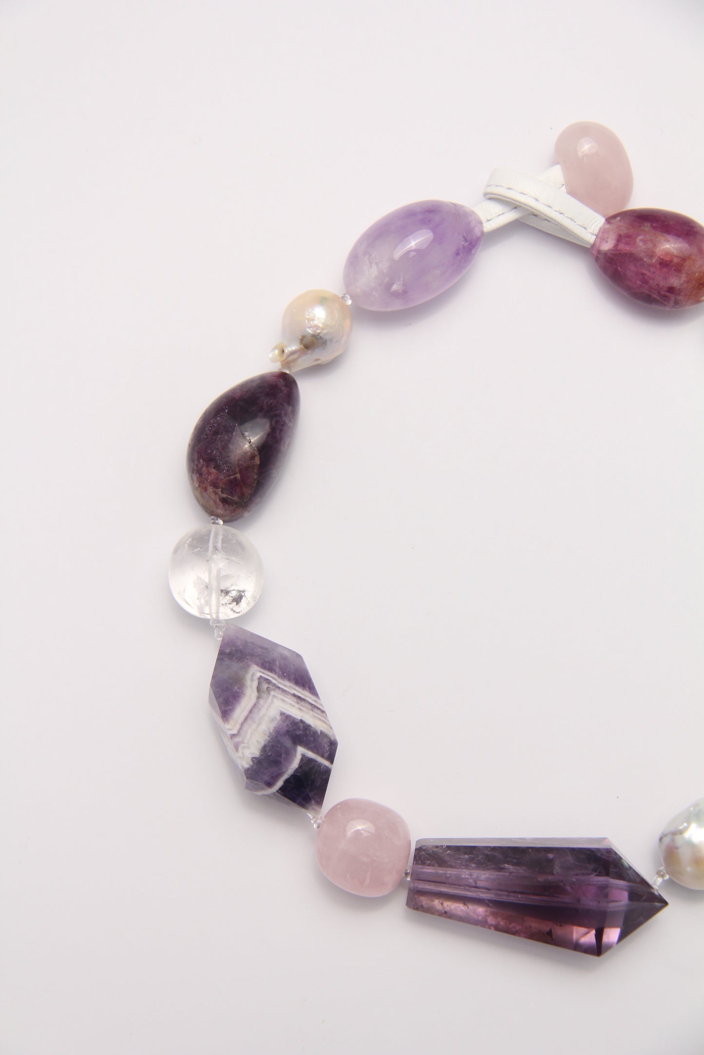 Necklace: amethyst, dream amethyst, pearls, fluorite, rose quartz, white crystal