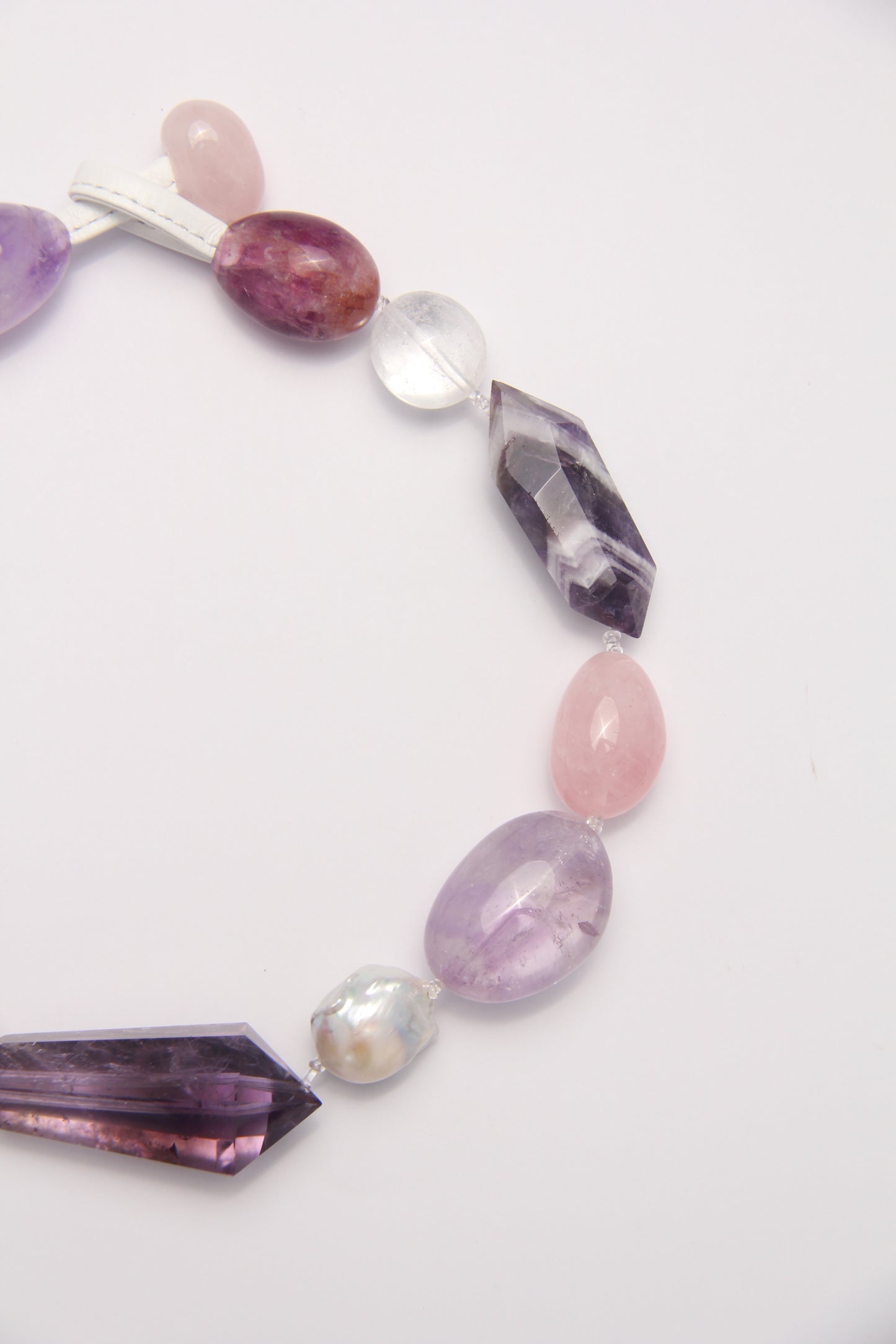 Necklace: amethyst, dream amethyst, pearls, fluorite, rose quartz, white crystal