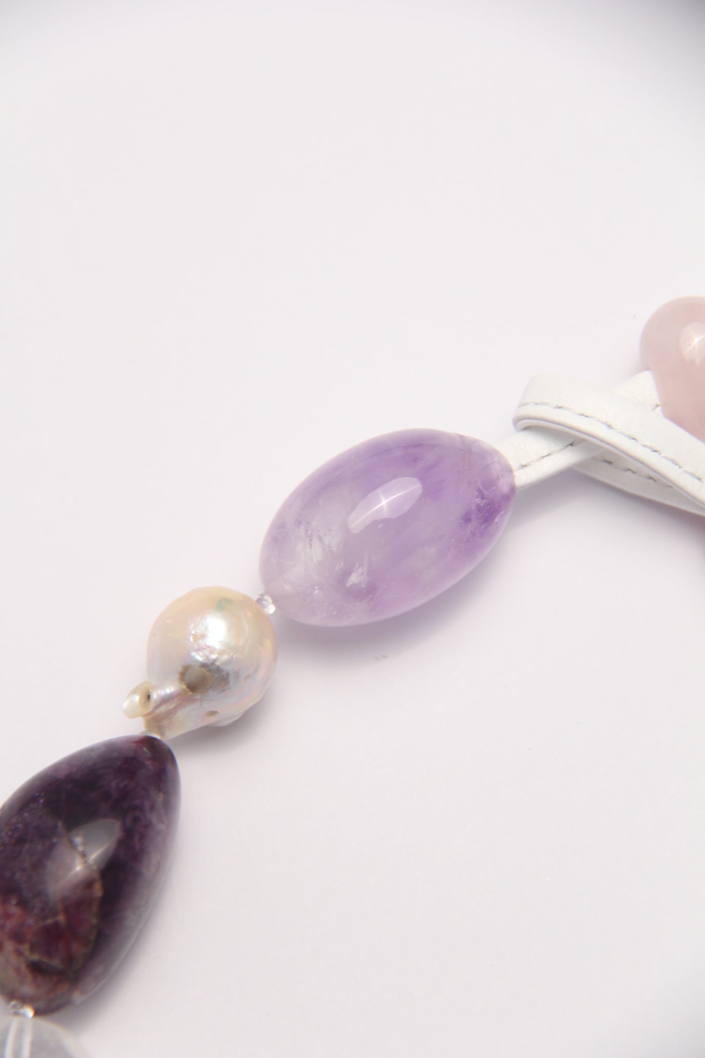 Necklace: amethyst, dream amethyst, pearls, fluorite, rose quartz, white crystal