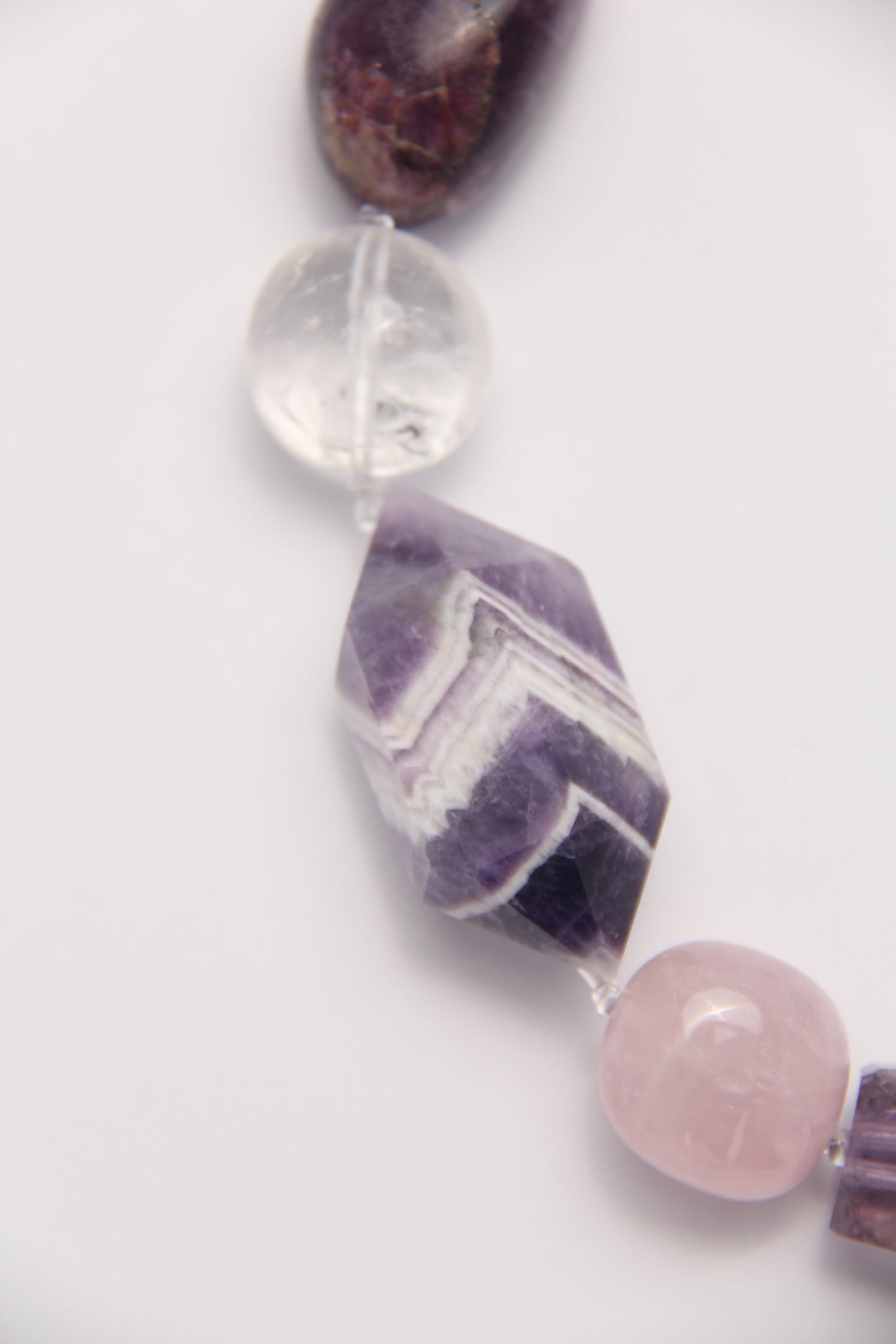 Necklace: amethyst, dream amethyst, pearls, fluorite, rose quartz, white crystal