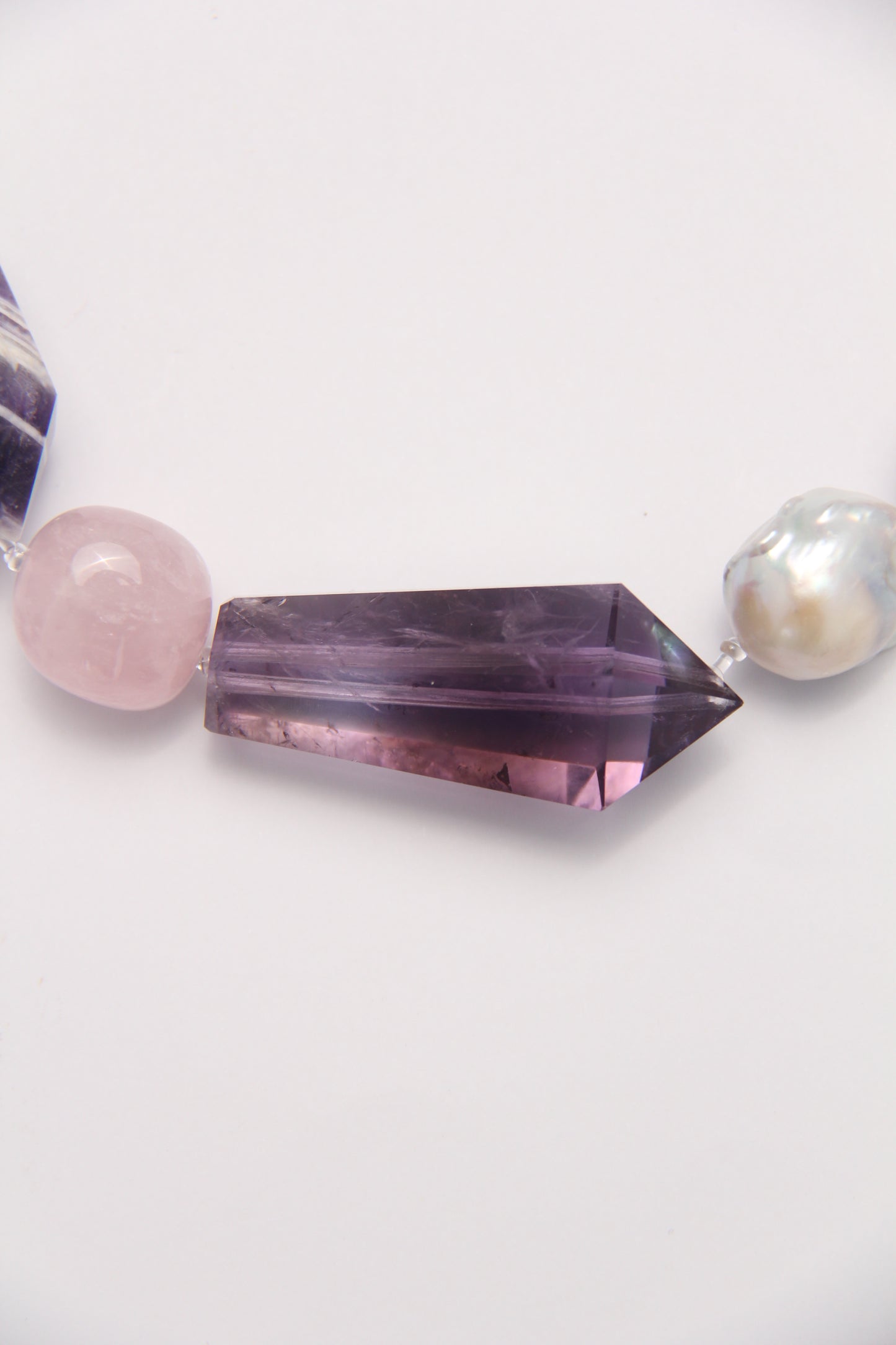 Necklace: amethyst, dream amethyst, pearls, fluorite, rose quartz, white crystal