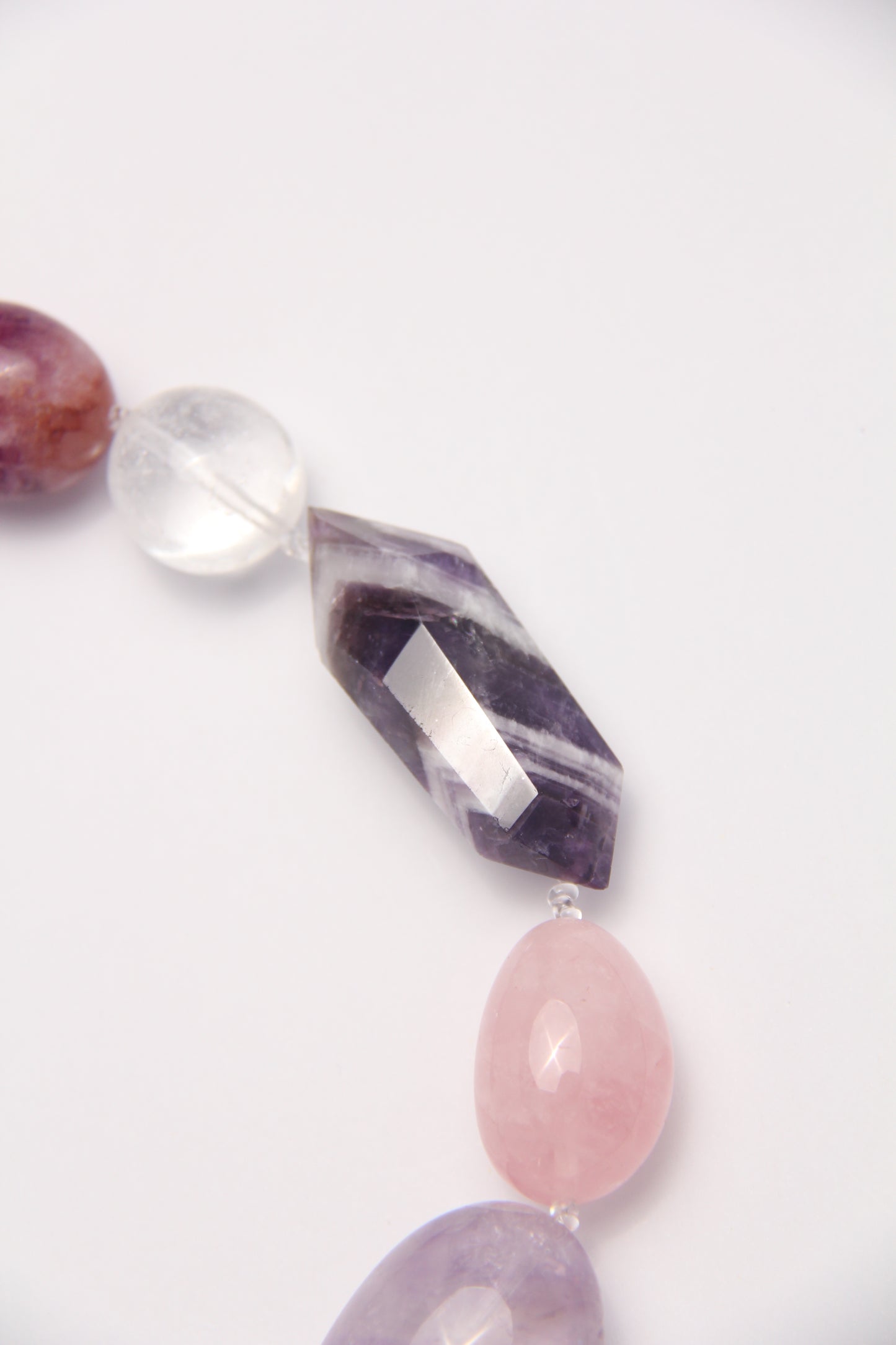 Necklace: amethyst, dream amethyst, pearls, fluorite, rose quartz, white crystal